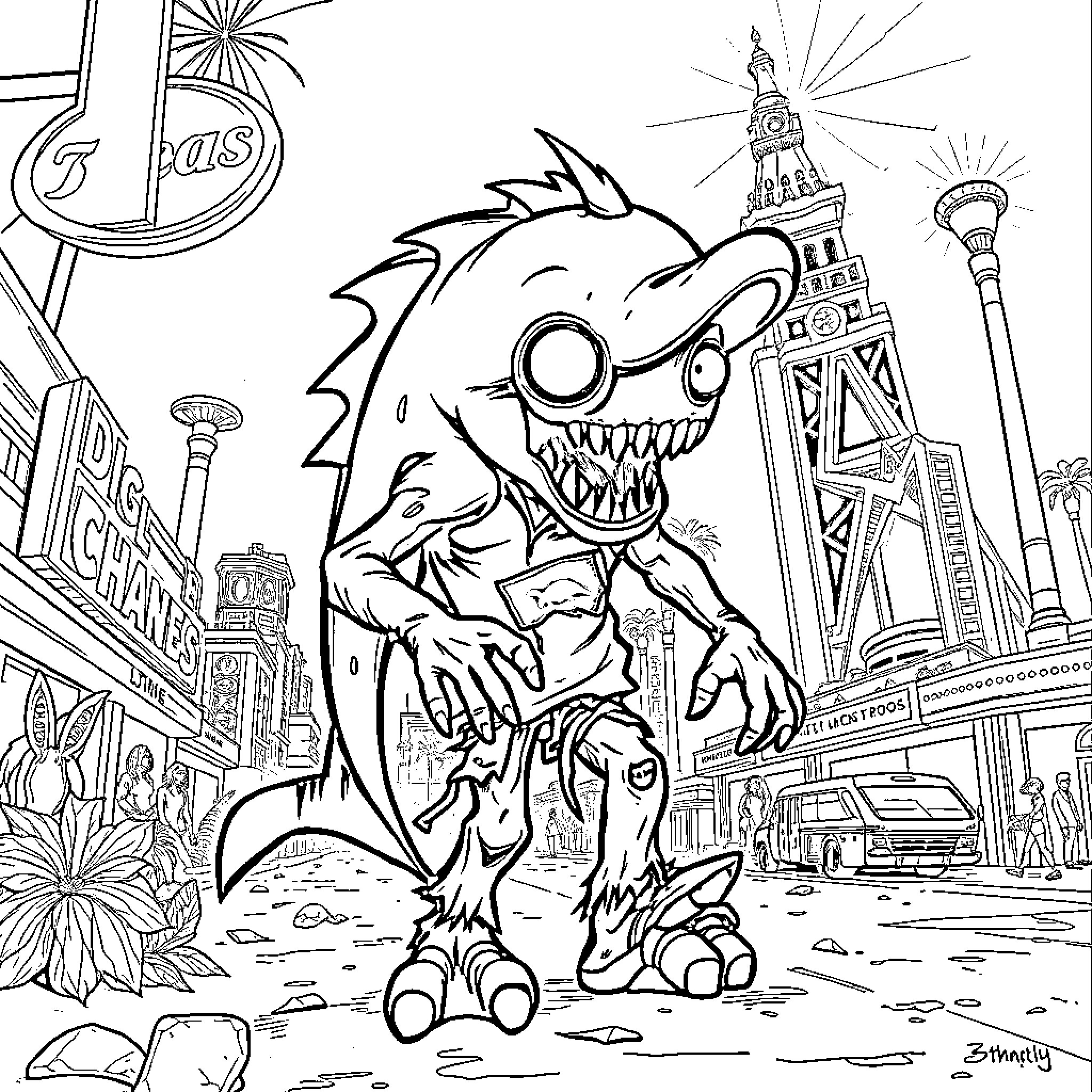 Zombie monster causing chaos in the city Coloring Page (free black-and-white line drawing printable PDF for all, from beginners to advanced learners, including children, teens, adults, and seniors)