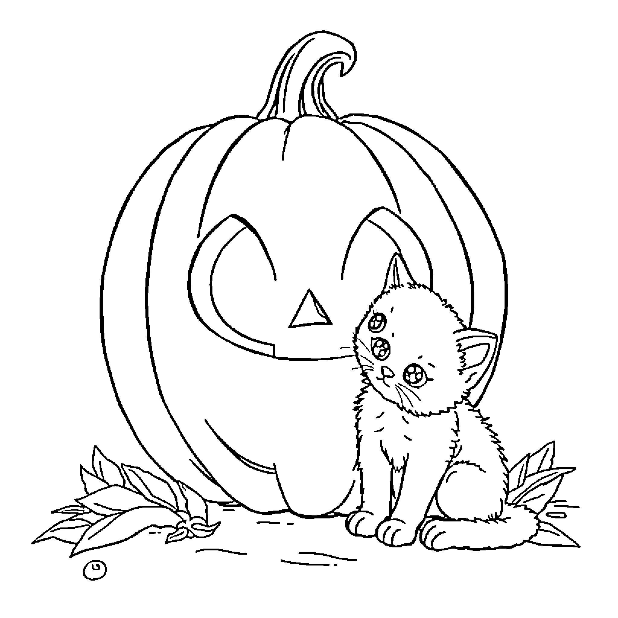 Jack-o'-lantern with curious kitten Coloring Page (free black-and-white line drawing printable PDF for all, from beginners to advanced learners, including children, teens, adults, and seniors)