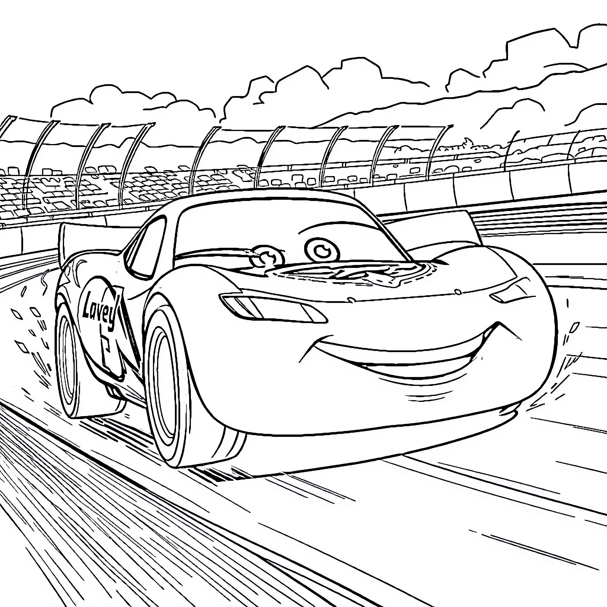 Lightning McQueen racing on the track Coloring Page (free black-and-white line drawing printable PDF for all, from beginners to advanced learners, including children, teens, adults, and seniors)