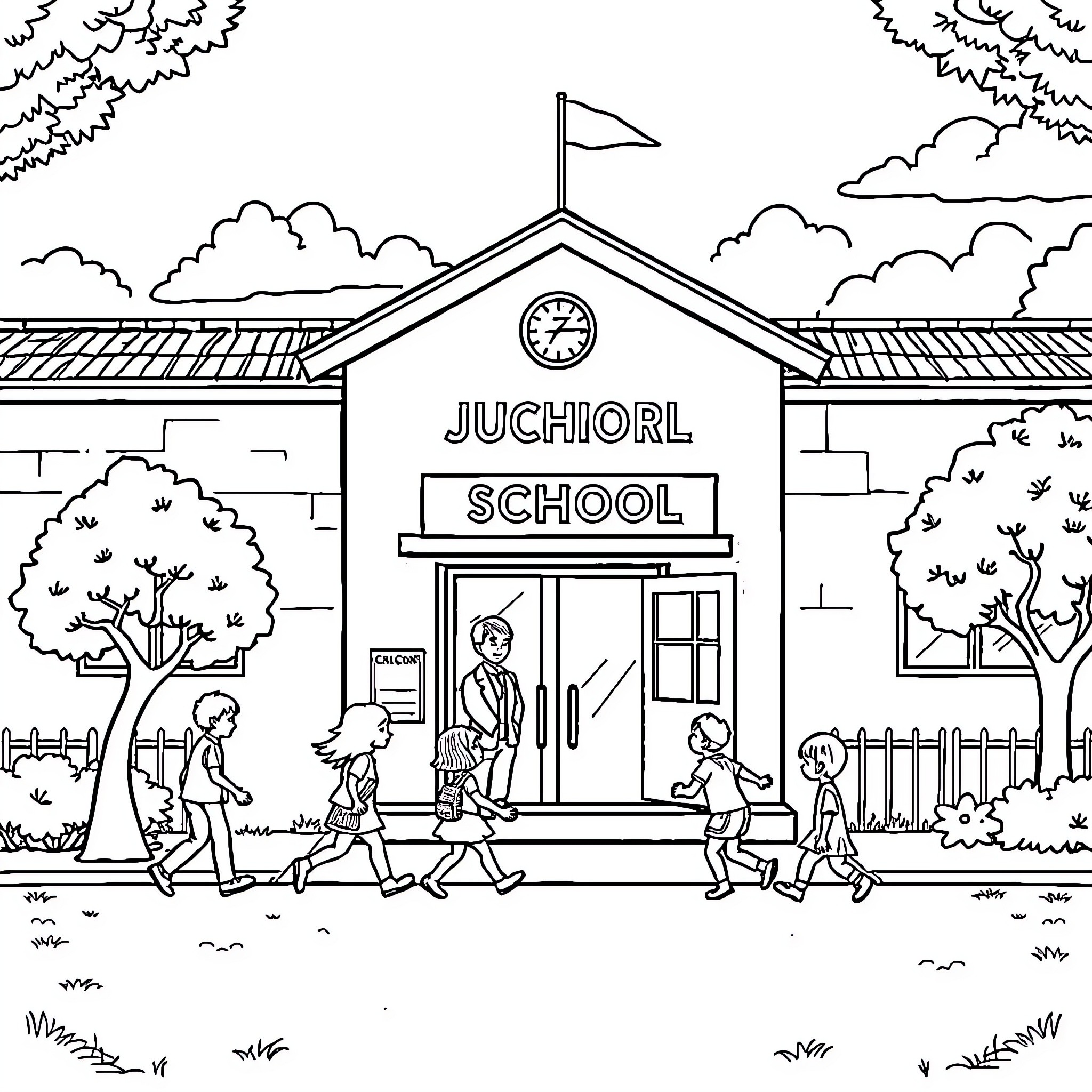 School scene with students in the schoolyard Coloring Page (free black-and-white line drawing printable PDF for all, from beginners to advanced learners, including children, teens, adults, and seniors)