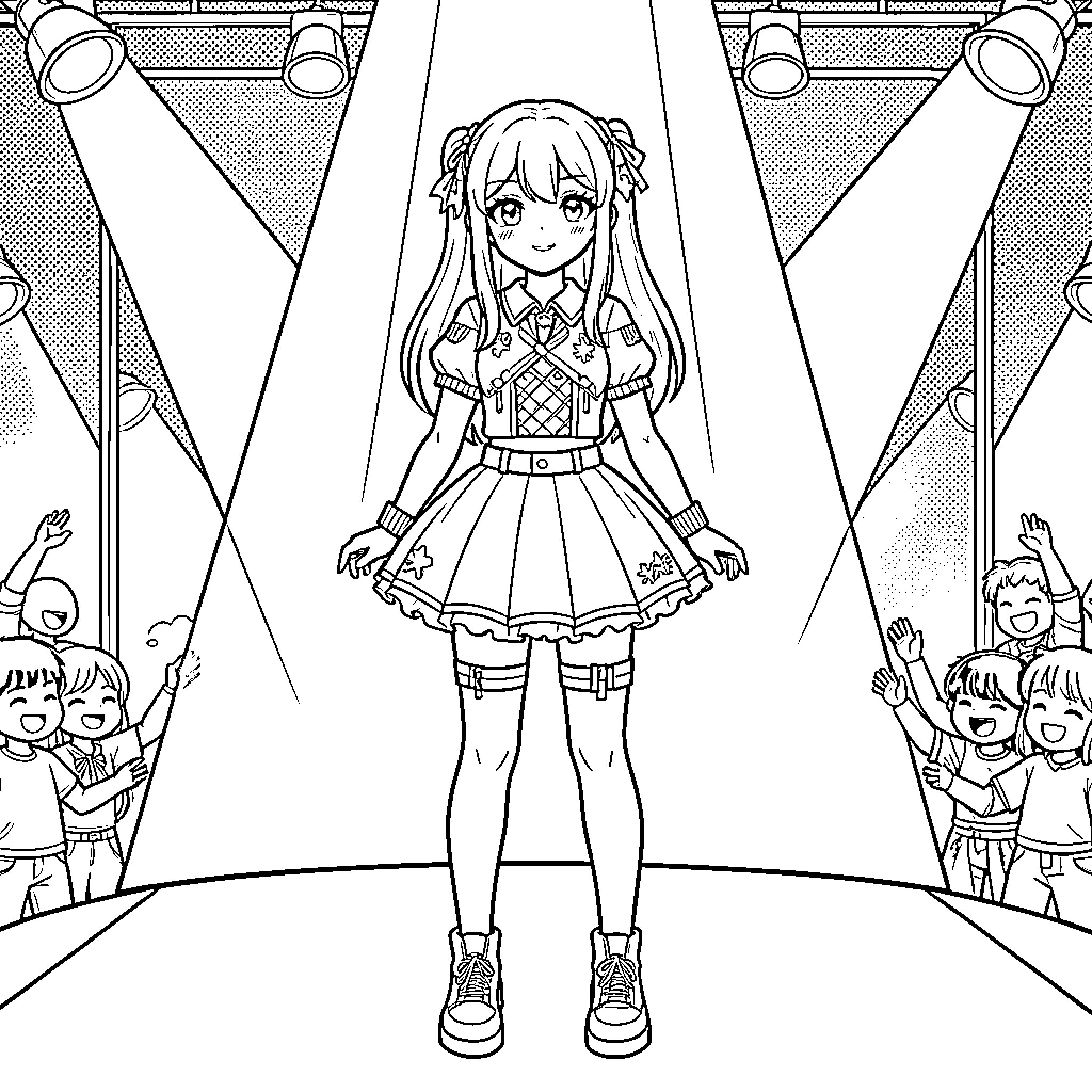 Anime Girl performing on stage under bright spotlights Coloring Page (free black-and-white line drawing printable PDF for all, from beginners to advanced learners, including children, teens, adults, and seniors)