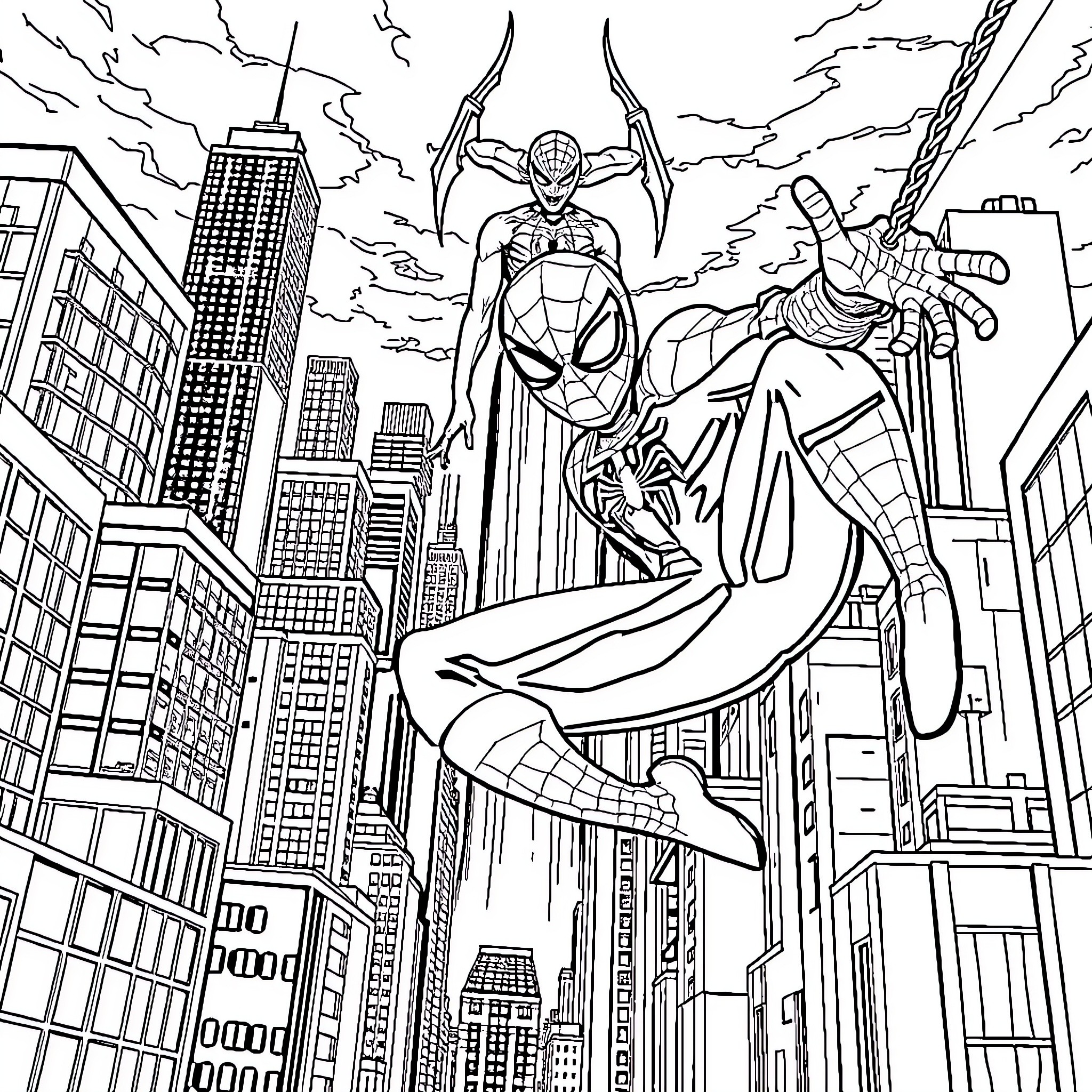 Spiderman swinging through the city skyline Coloring Page (free black-and-white line drawing printable PDF for all, from beginners to advanced learners, including children, teens, adults, and seniors)