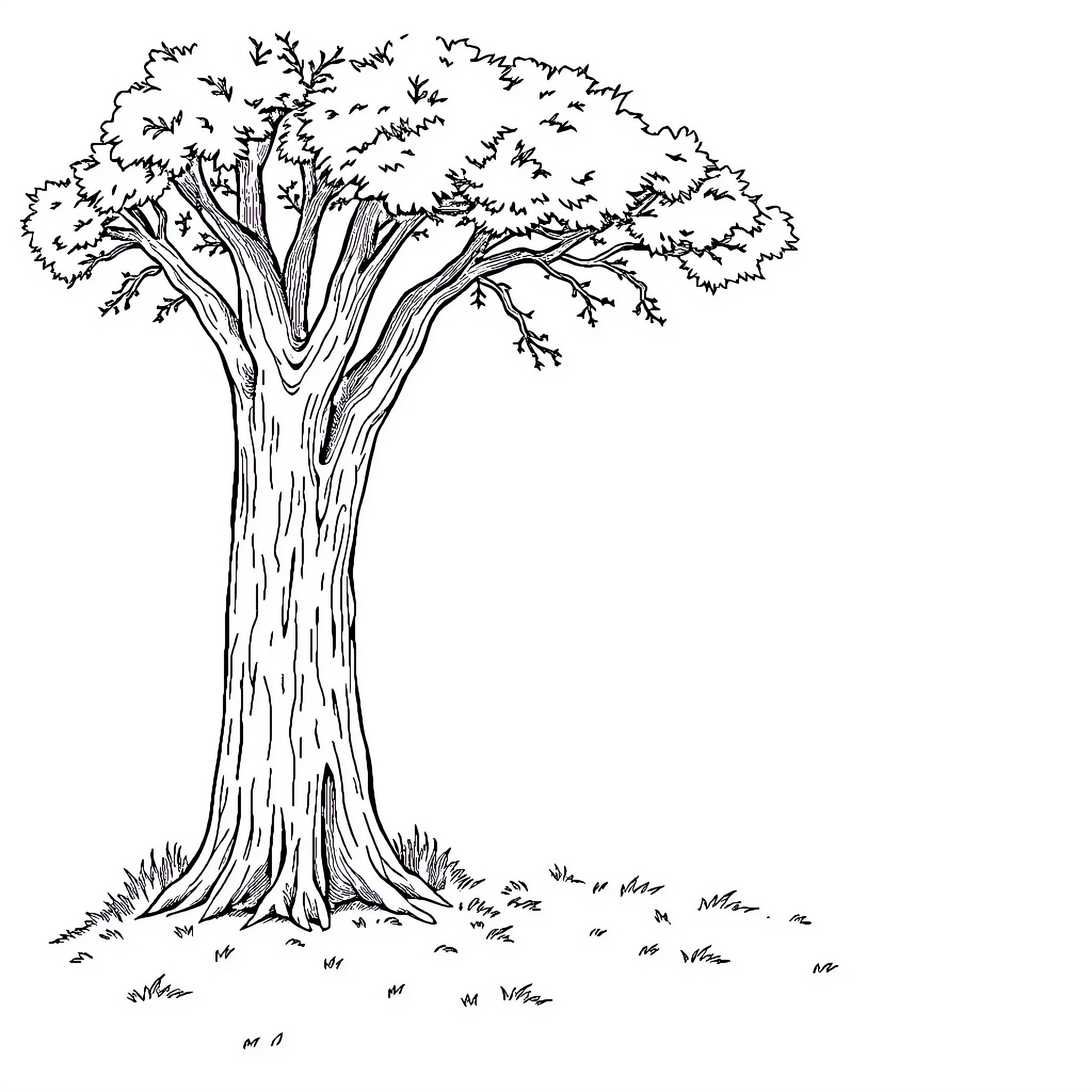 Shadow of a Majestic Tree Coloring Page (free black-and-white line drawing printable PDF for all, from beginners to advanced learners, including children, teens, adults, and seniors)