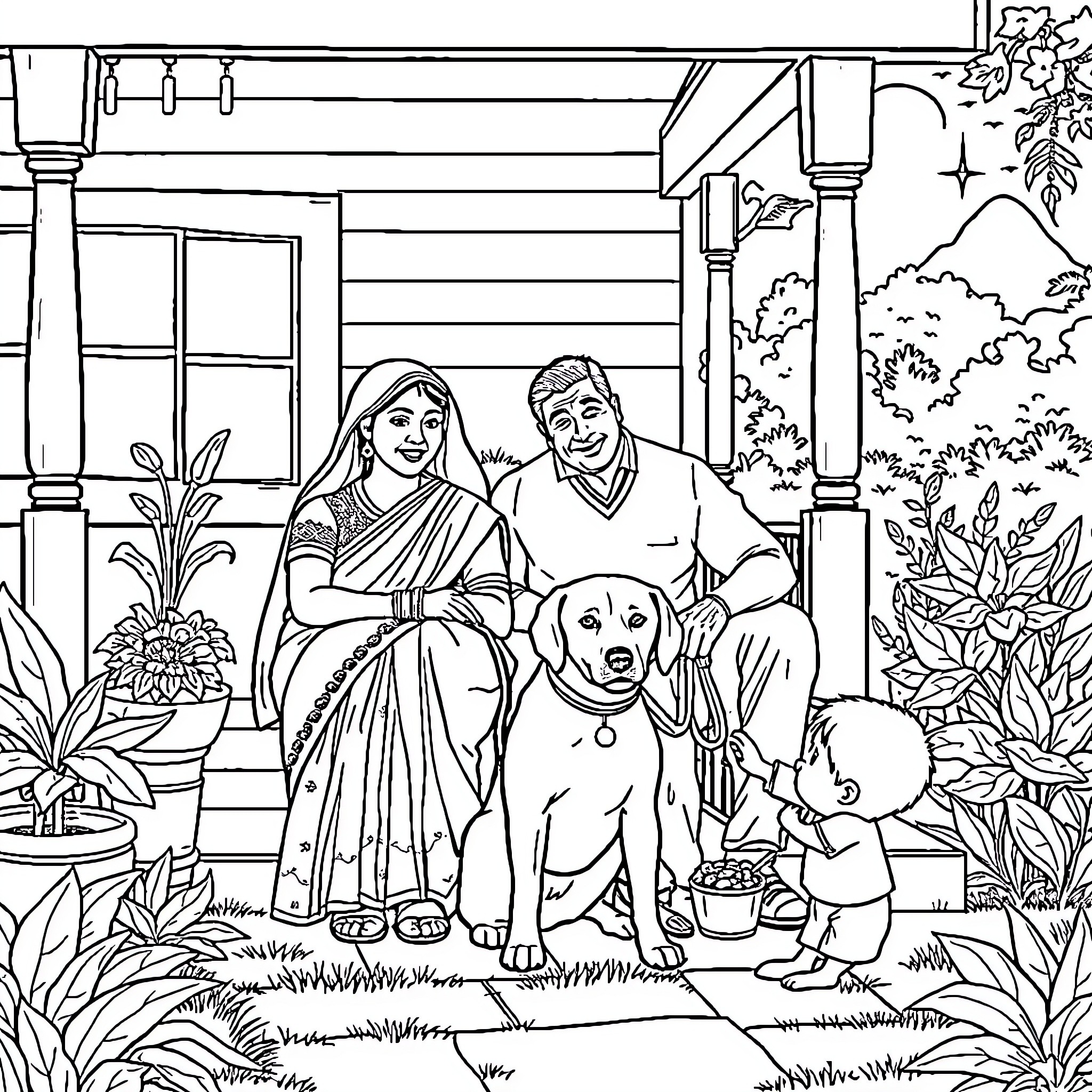 Family moment on the porch with their beloved pet Coloring Page (free black-and-white line drawing printable PDF for all, from beginners to advanced learners, including children, teens, adults, and seniors)