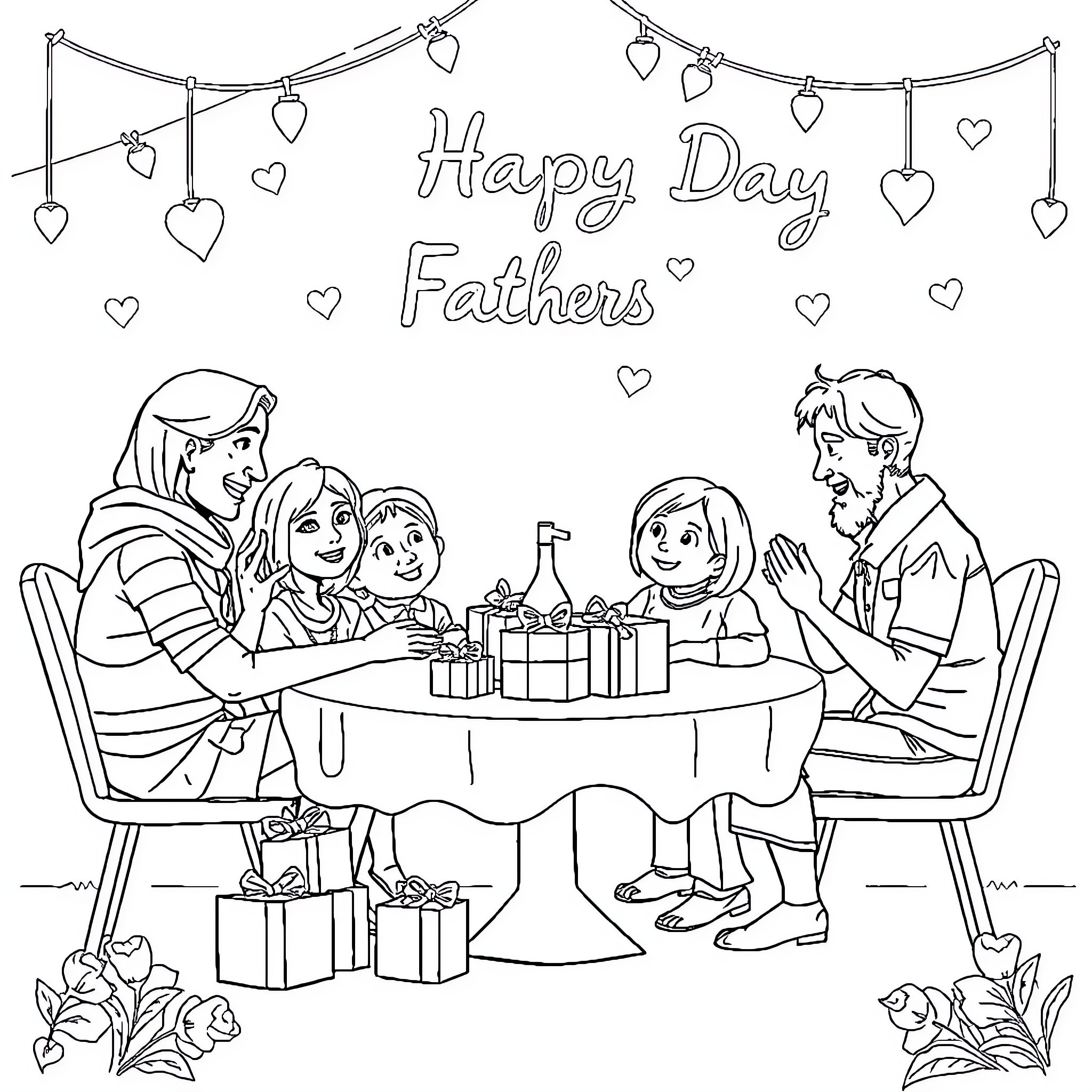 Father's Happy Day with Family Gathering Coloring Page (free black-and-white line drawing printable PDF for all, from beginners to advanced learners, including children, teens, adults, and seniors)