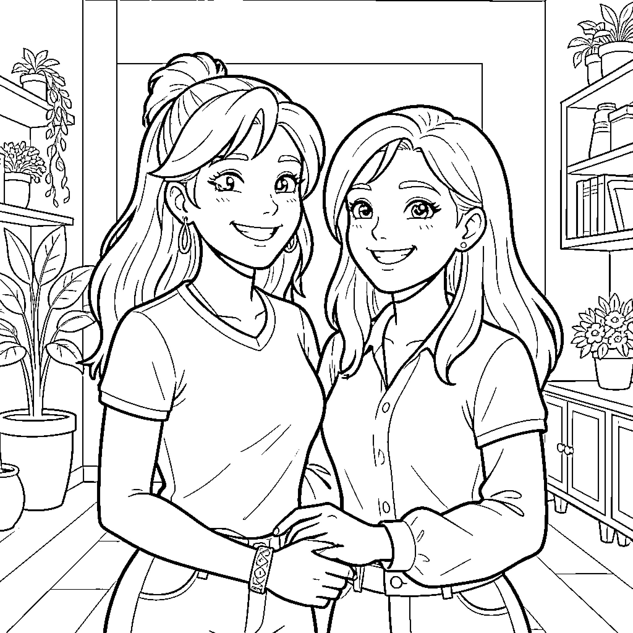 Diana and Roma smiling and embracing warmly Coloring Page (free black-and-white line drawing printable PDF for all, from beginners to advanced learners, including children, teens, adults, and seniors)