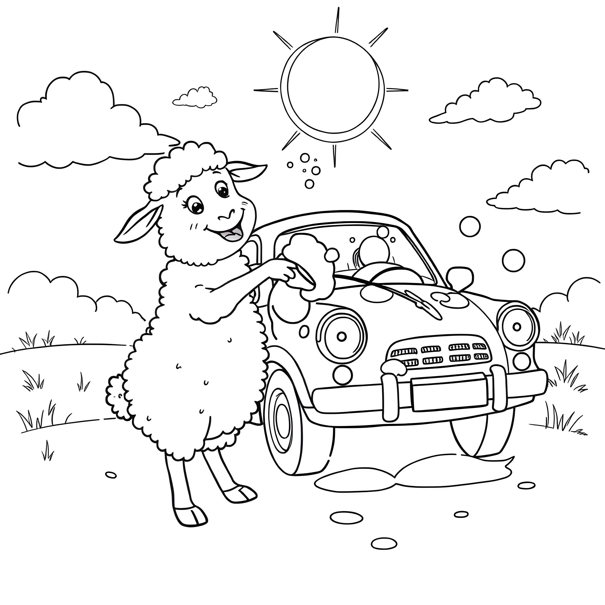 Sheep driving a car on a sunny day Coloring Page (free black-and-white line drawing printable PDF for all, from beginners to advanced learners, including children, teens, adults, and seniors)