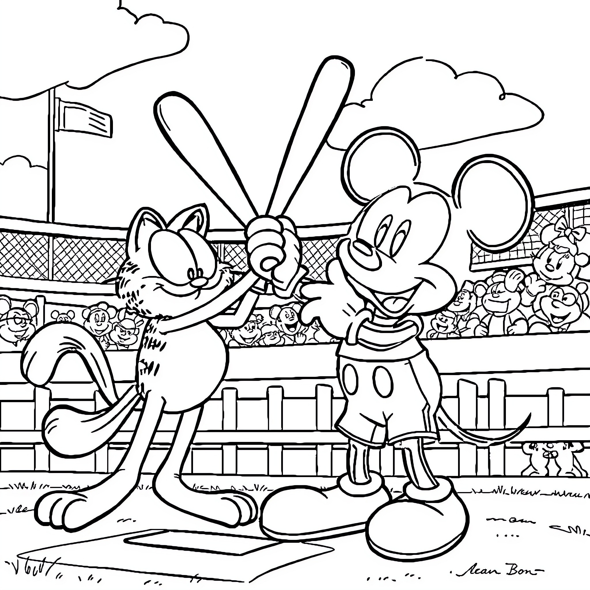Garfield and Mickey Mouse playing baseball in the park Coloring Page (free black-and-white line drawing printable PDF for all, from beginners to advanced learners, including children, teens, adults, and seniors)