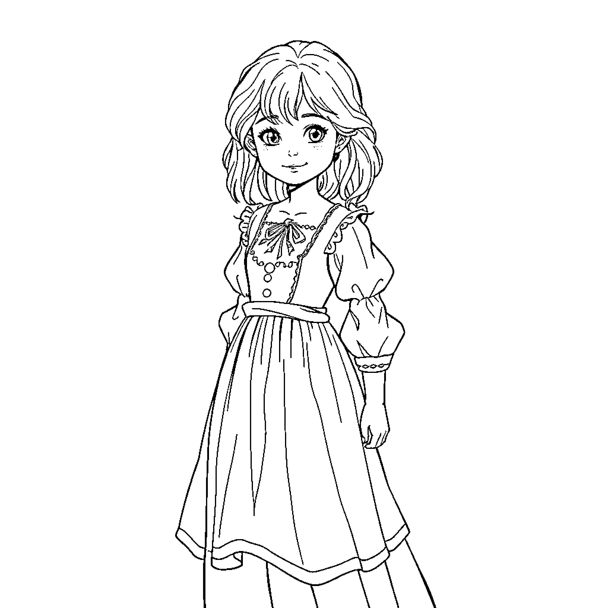 Adolescent girl in elegant dress with cute expressions Coloring Page (free black-and-white line drawing printable PDF for all, from beginners to advanced learners, including children, teens, adults, and seniors)