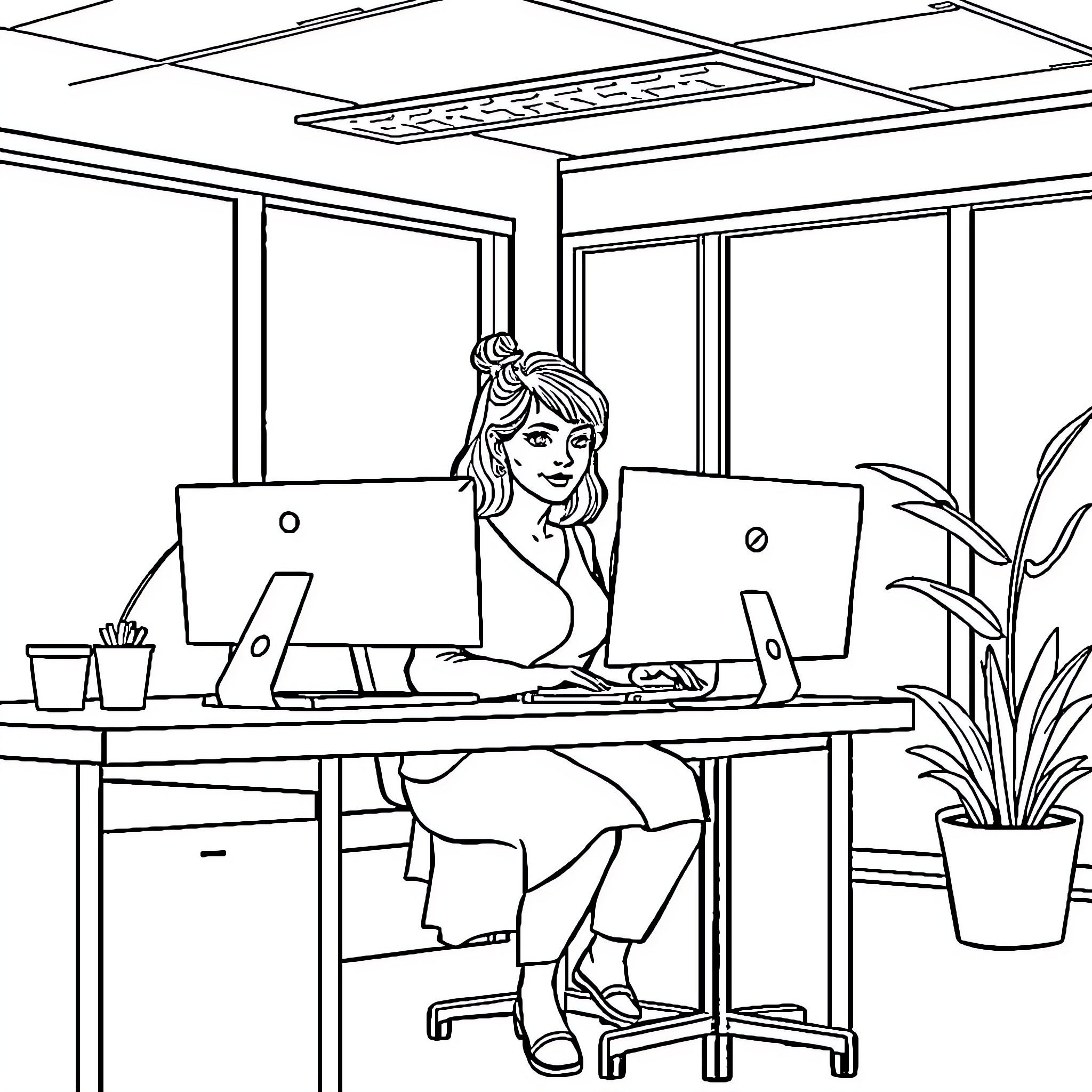 Mum working diligently at her computer Coloring Page (free black-and-white line drawing printable PDF for all, from beginners to advanced learners, including children, teens, adults, and seniors)