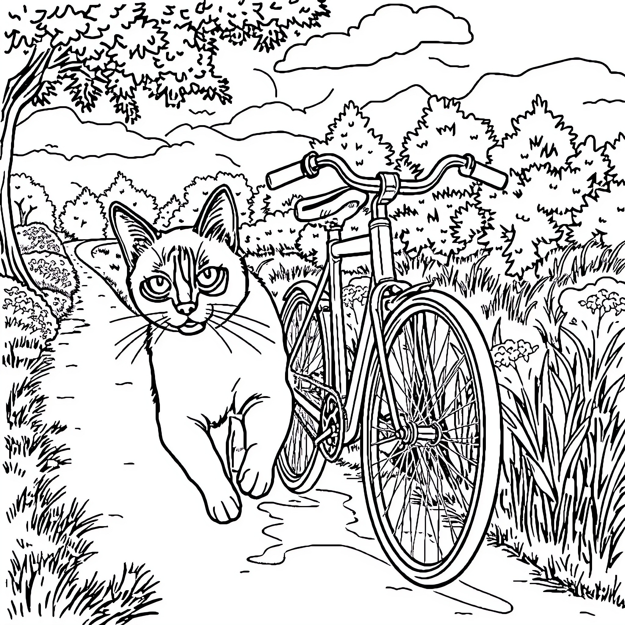 Siamese Cat exploring the outdoor bicycle trail Coloring Page (free black-and-white line drawing printable PDF for all, from beginners to advanced learners, including children, teens, adults, and seniors)