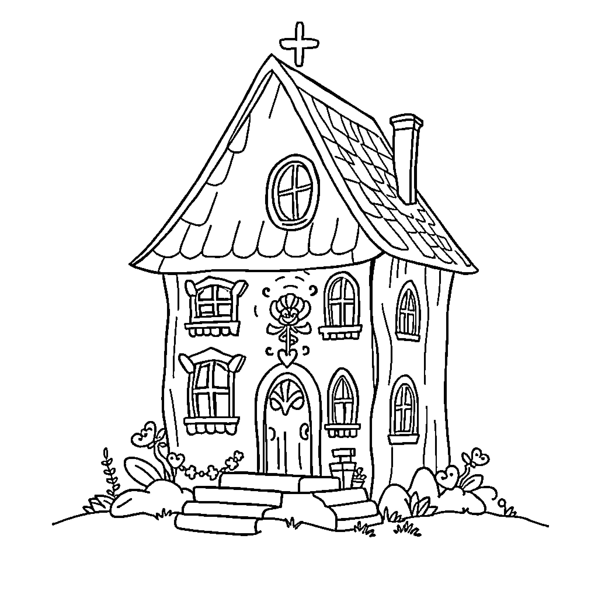 Book of a charming fairytale cottage Coloring Page (free black-and-white line drawing printable PDF for all, from beginners to advanced learners, including children, teens, adults, and seniors)