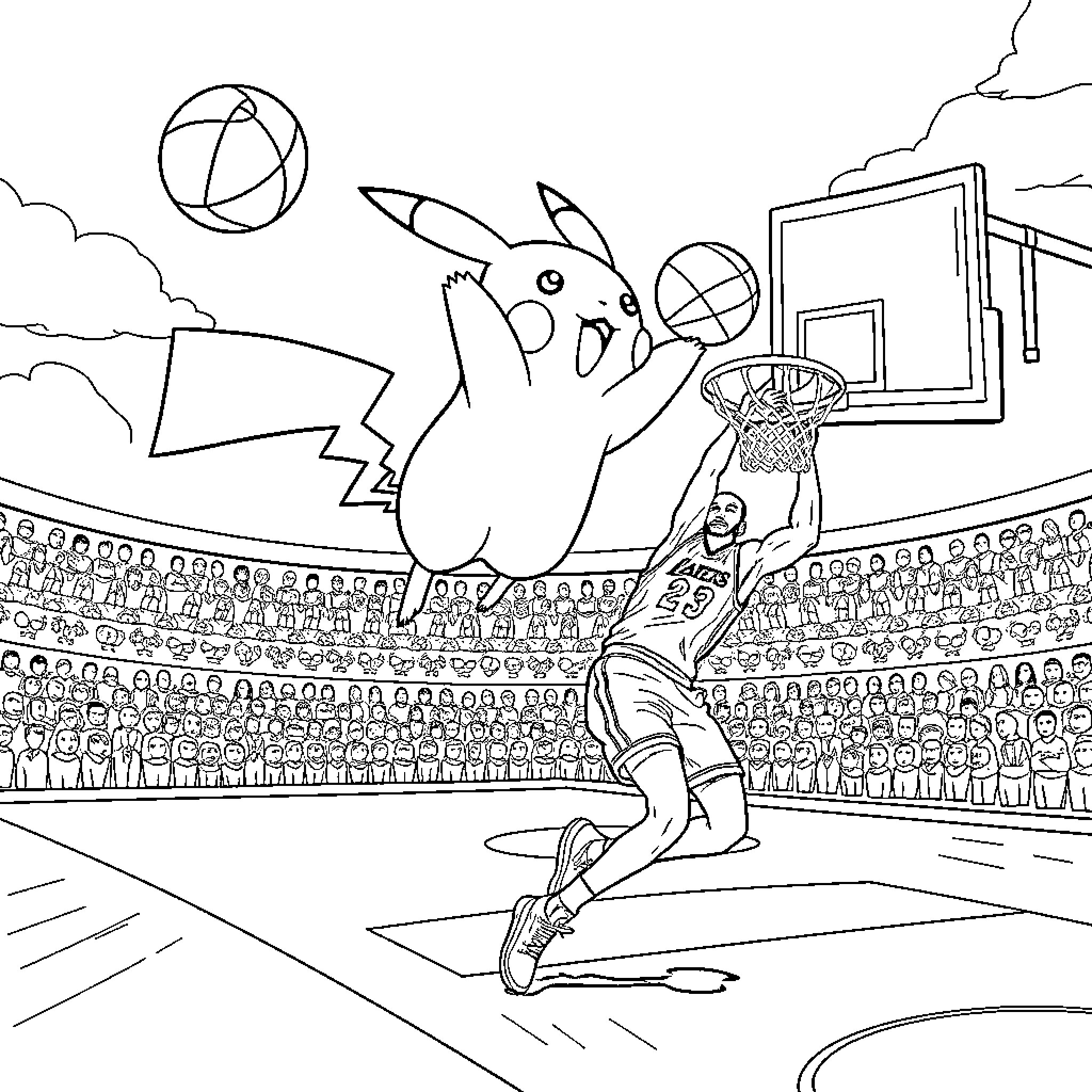 Pikachu playing basketball in a stadium Coloring Page (free black-and-white line drawing printable PDF for all, from beginners to advanced learners, including children, teens, adults, and seniors)