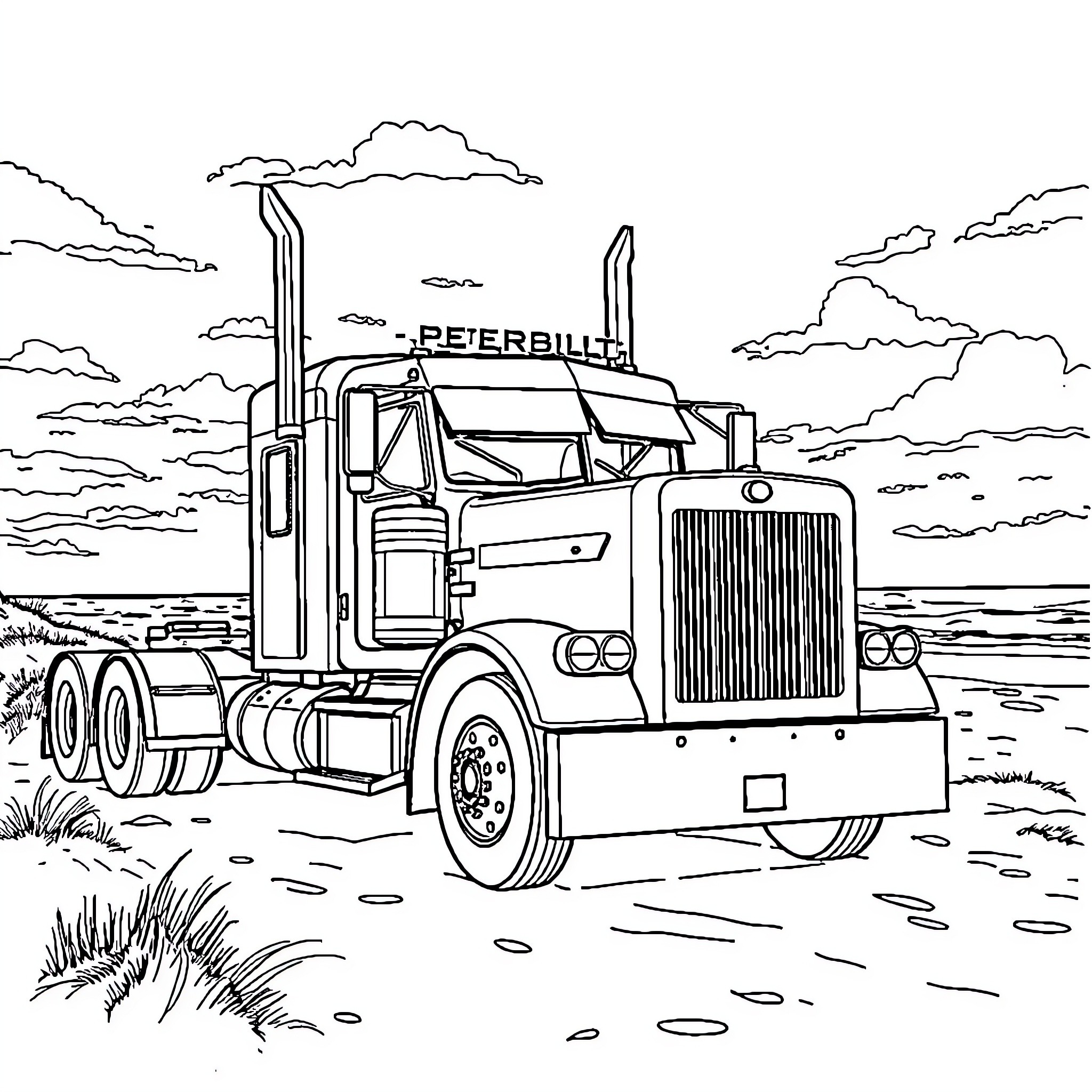 Peterbilt truck on the open road Coloring Page (free black-and-white line drawing printable PDF for all, from beginners to advanced learners, including children, teens, adults, and seniors)