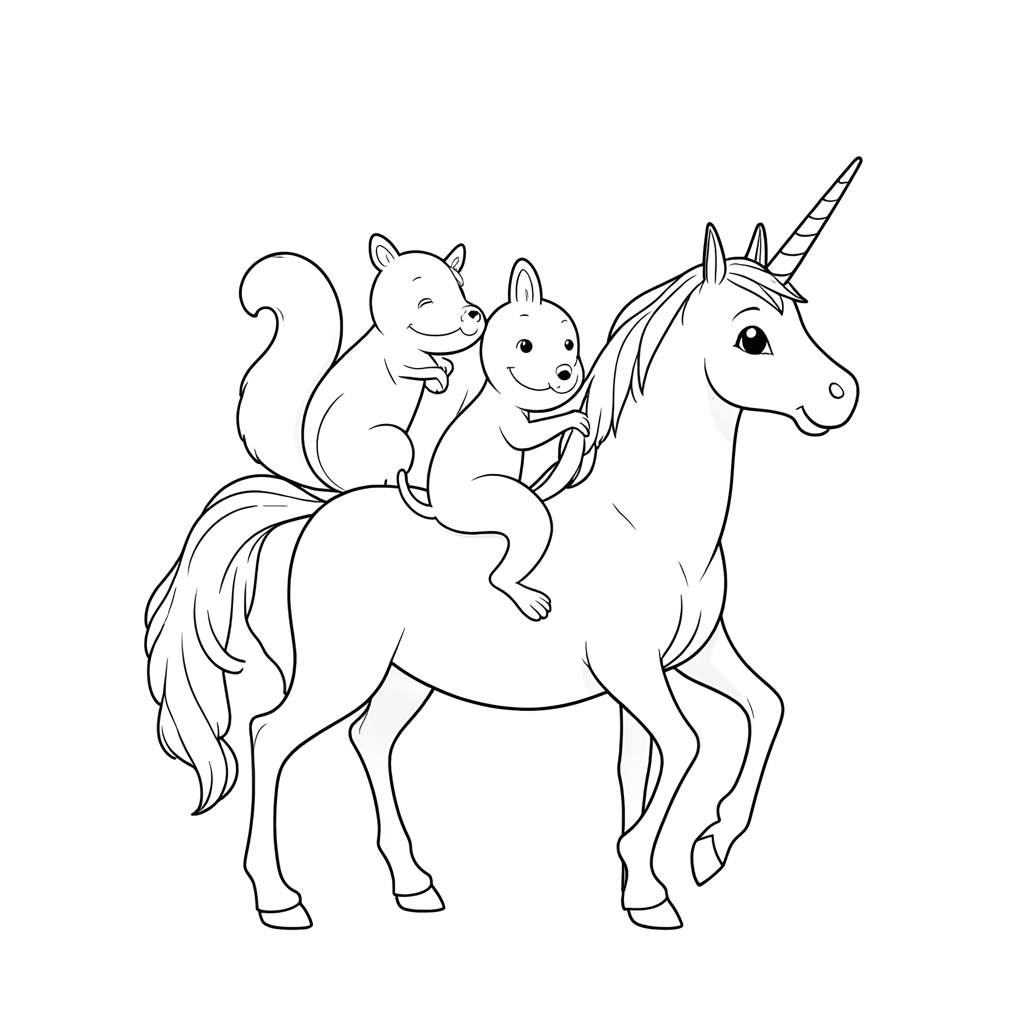 Squirrel riding a unicorn with a bunny companion Coloring Page (free black-and-white line drawing printable PDF for all, from beginners to advanced learners, including children, teens, adults, and seniors)