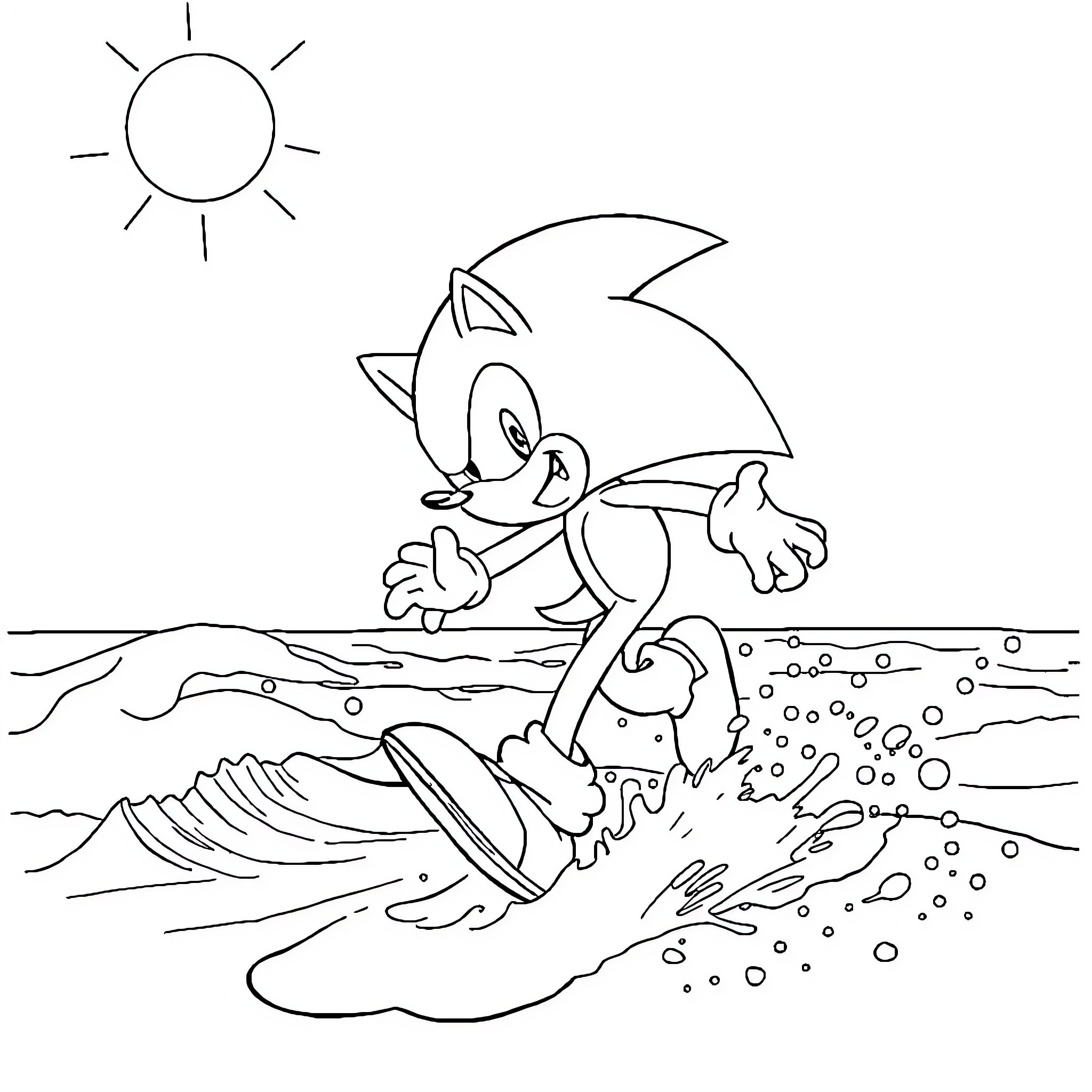 Sonic enjoying a sunny day by the beach Coloring Page (free black-and-white line drawing printable PDF for all, from beginners to advanced learners, including children, teens, adults, and seniors)