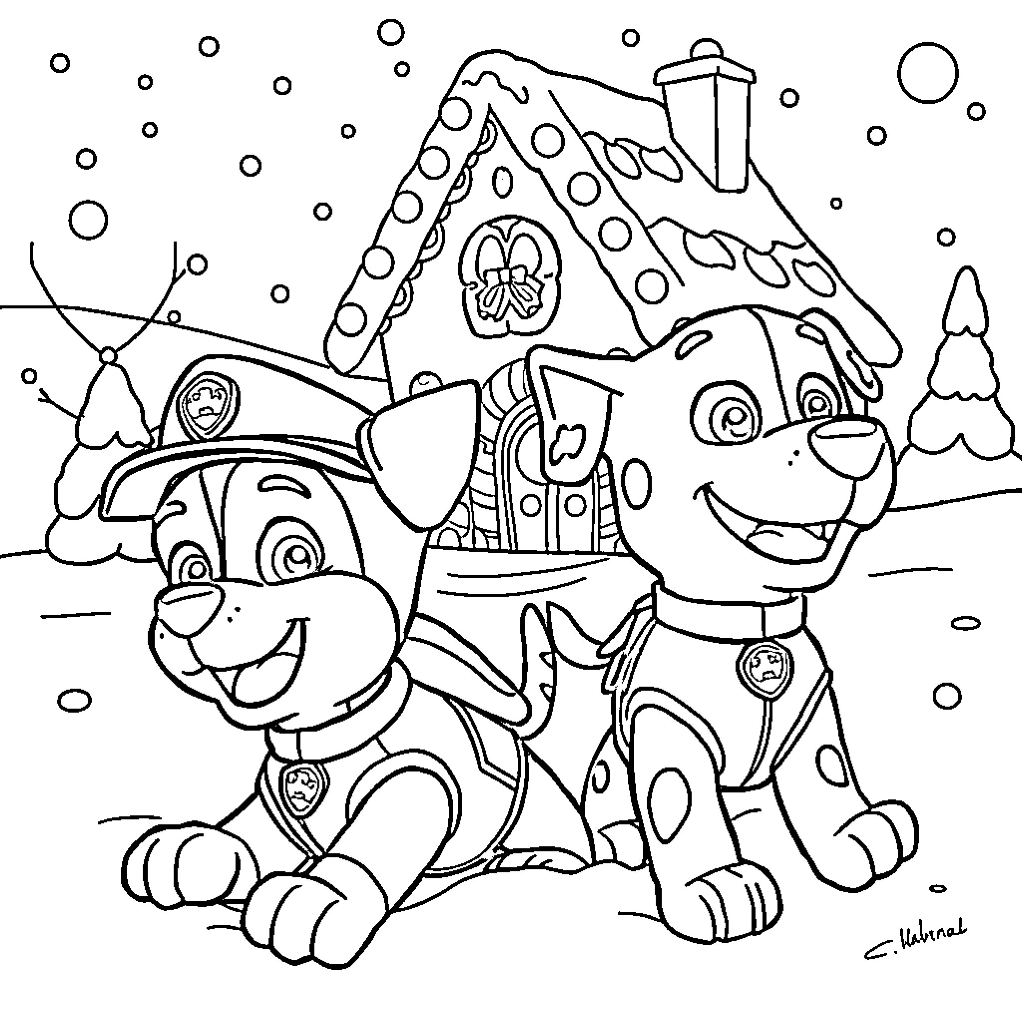 Chase the Pups Explore the Winter Wonderland Coloring Page (free black-and-white line drawing printable PDF for all, from beginners to advanced learners, including children, teens, adults, and seniors)