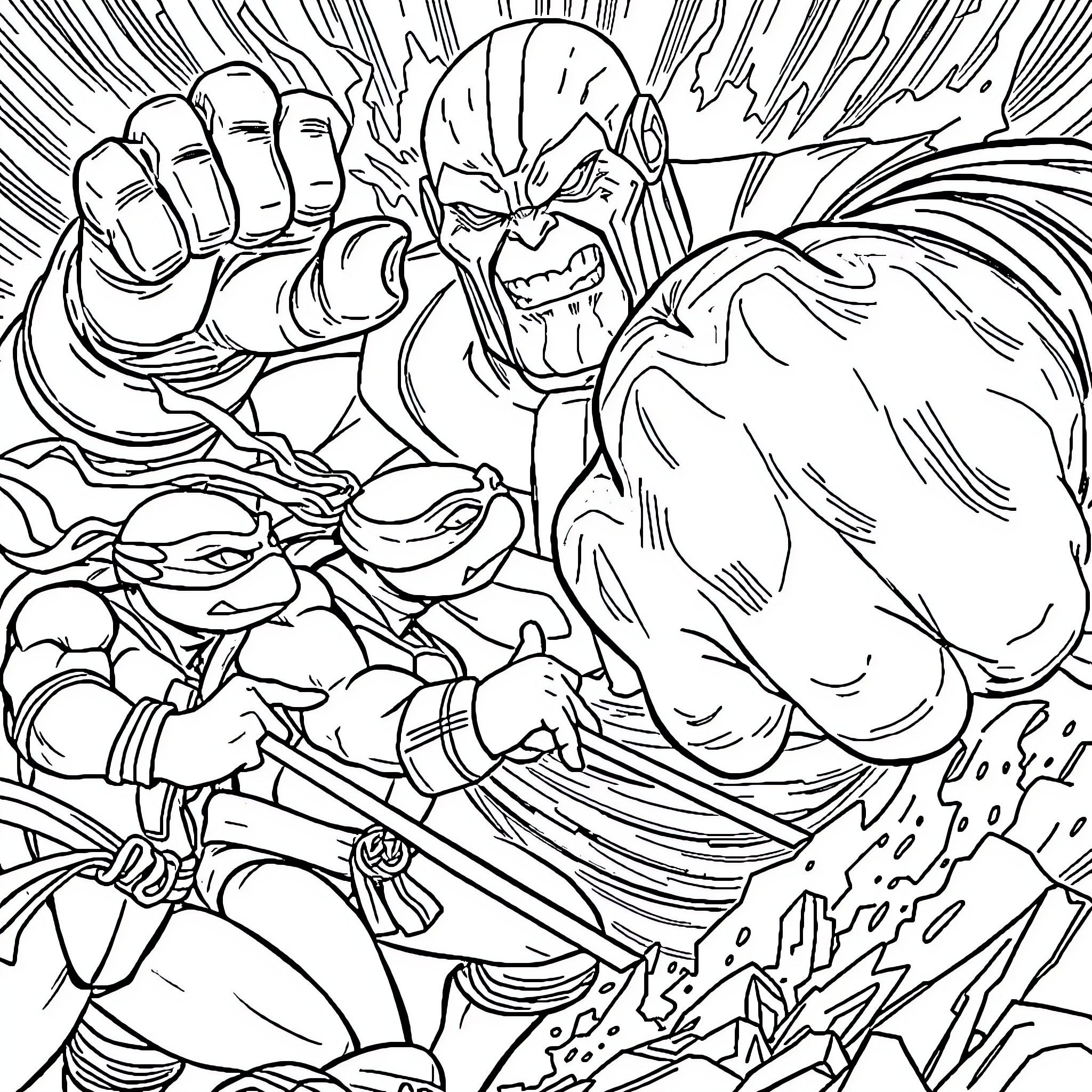 Teenage Mutant Ninja Turtle epic battle scene Coloring Page (free black-and-white line drawing printable PDF for all, from beginners to advanced learners, including children, teens, adults, and seniors)