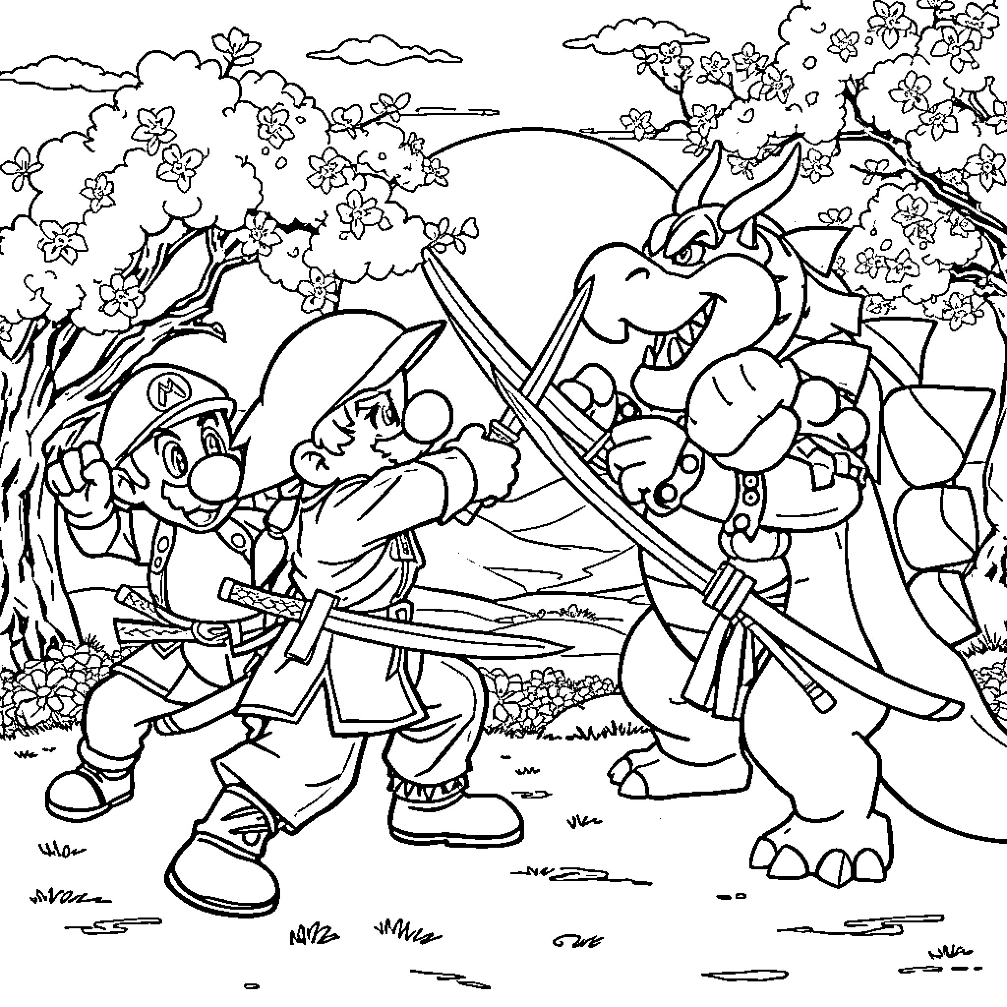 Samurai Warriors Battling Monstrous Foe in Blossoming Forest Coloring Page (free black-and-white line drawing printable PDF for all, from beginners to advanced learners, including children, teens, adults, and seniors)