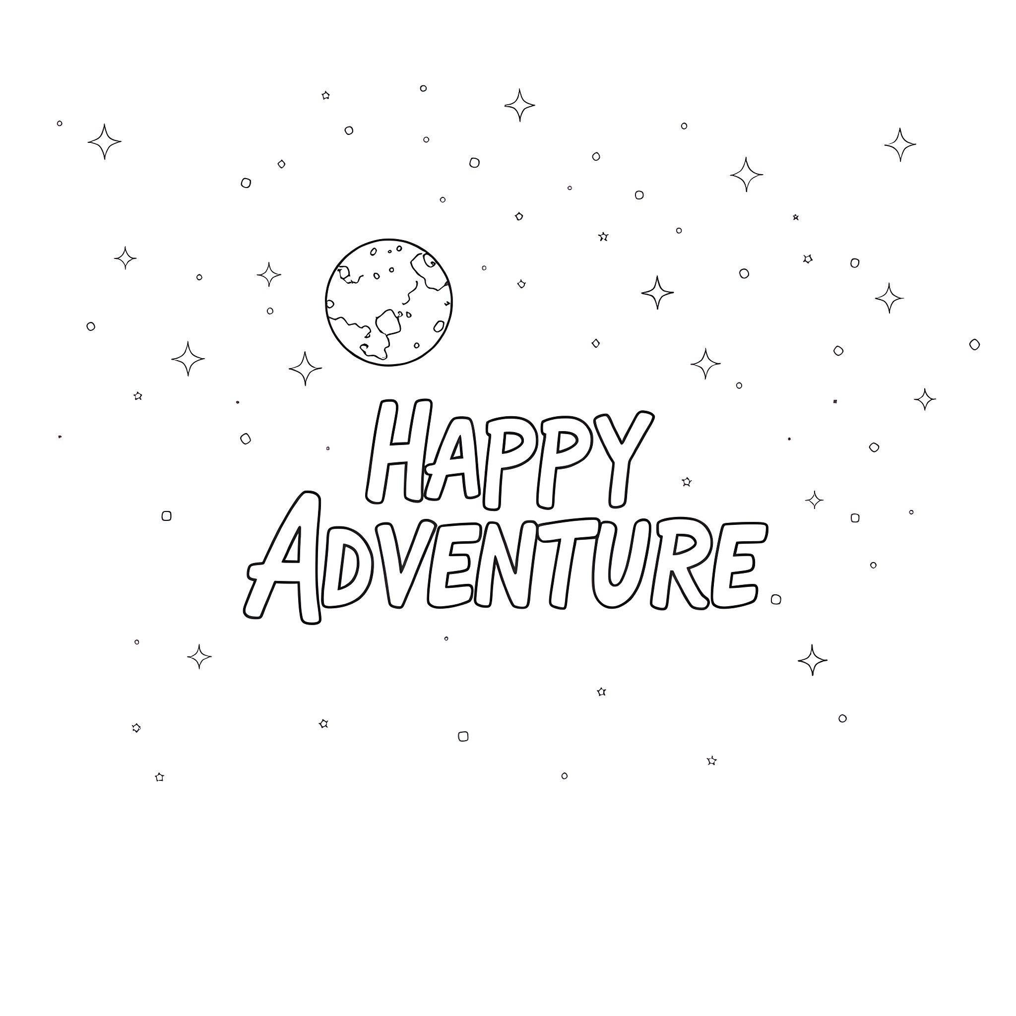 Moon Travel on Happy Adventure Coloring Page (free black-and-white line drawing printable PDF for all, from beginners to advanced learners, including children, teens, adults, and seniors)