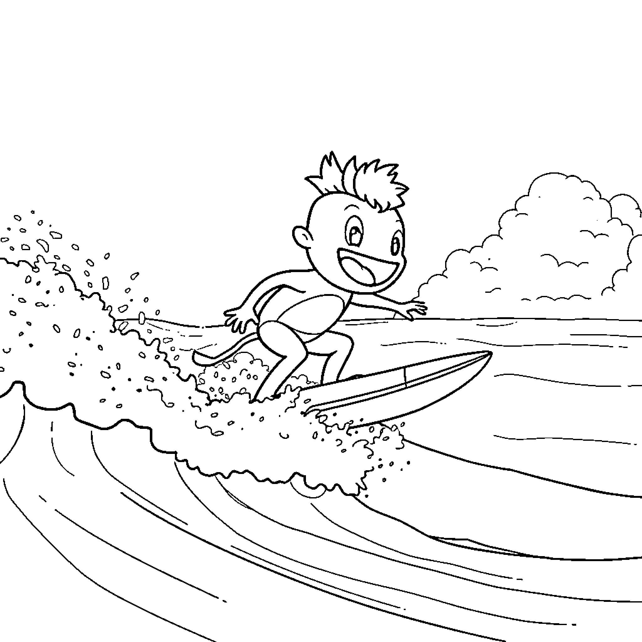 Labubu surfs the waves with joy and excitement Coloring Page (free black-and-white line drawing printable PDF for all, from beginners to advanced learners, including children, teens, adults, and seniors)