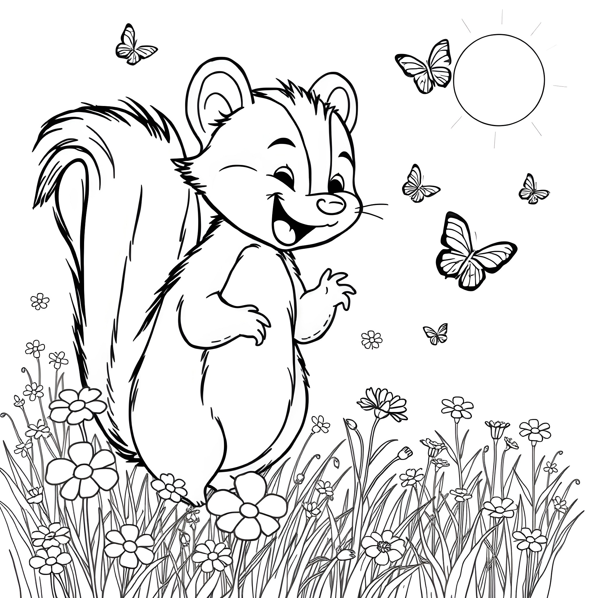 Skunk playing among butterflies and flowers Coloring Page (free black-and-white line drawing printable PDF for all, from beginners to advanced learners, including children, teens, adults, and seniors)