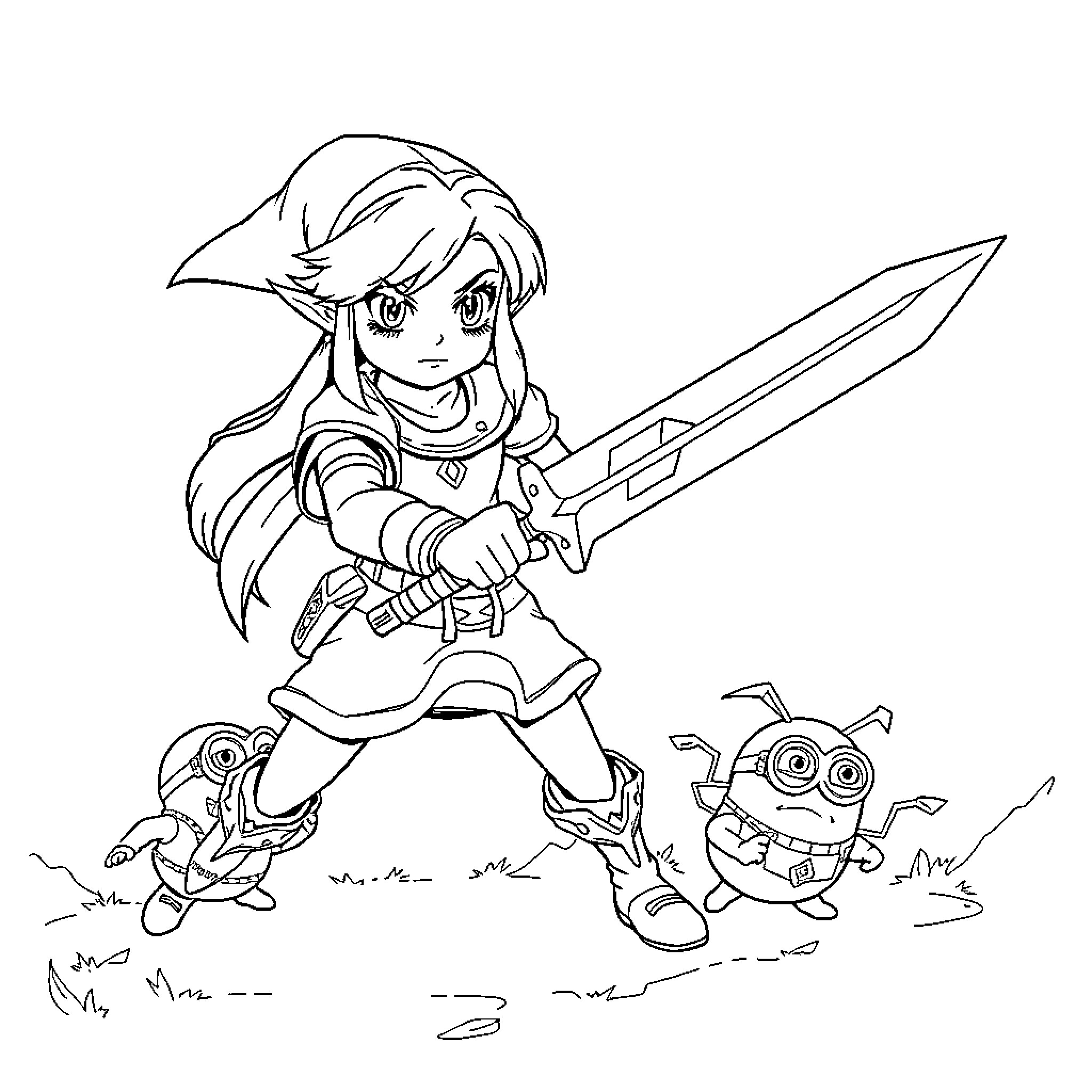 Zelda wielding sword and battling enemies Coloring Page (free black-and-white line drawing printable PDF for all, from beginners to advanced learners, including children, teens, adults, and seniors)