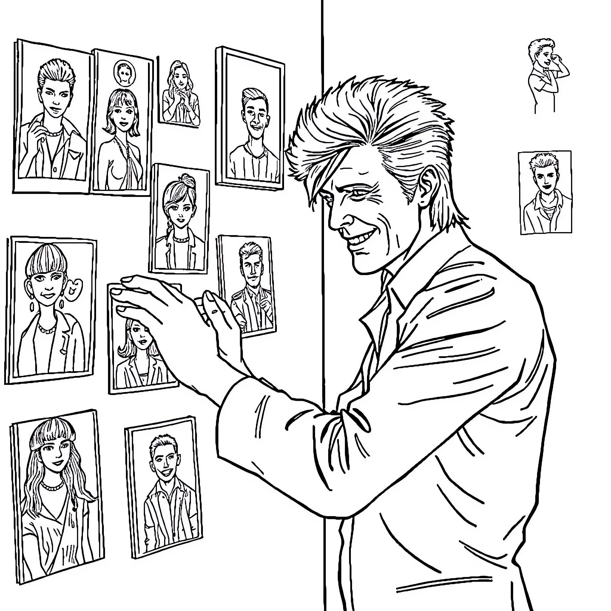 David Bowie admiring portraits of himself and others Coloring Page (free black-and-white line drawing printable PDF for all, from beginners to advanced learners, including children, teens, adults, and seniors)