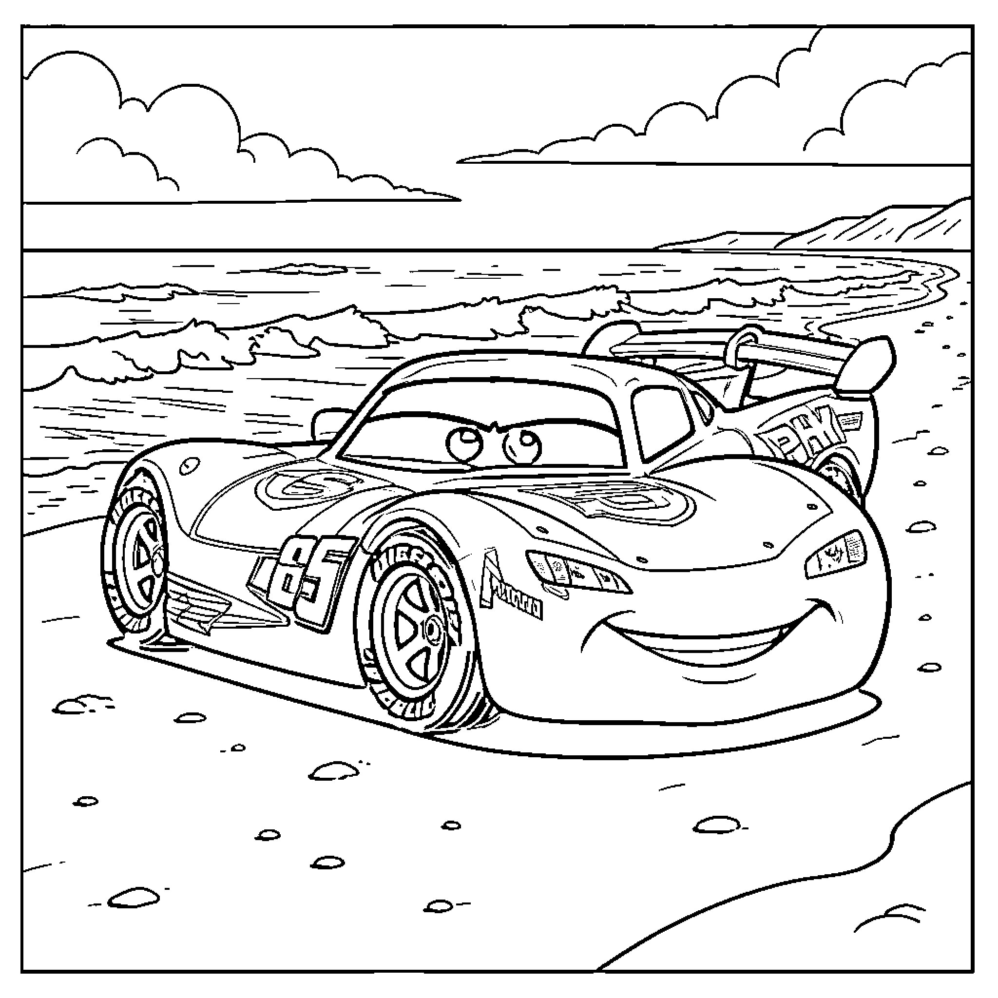 Flash McQueen smiling while relaxing on the beach Coloring Page (free black-and-white line drawing printable PDF for all, from beginners to advanced learners, including children, teens, adults, and seniors)