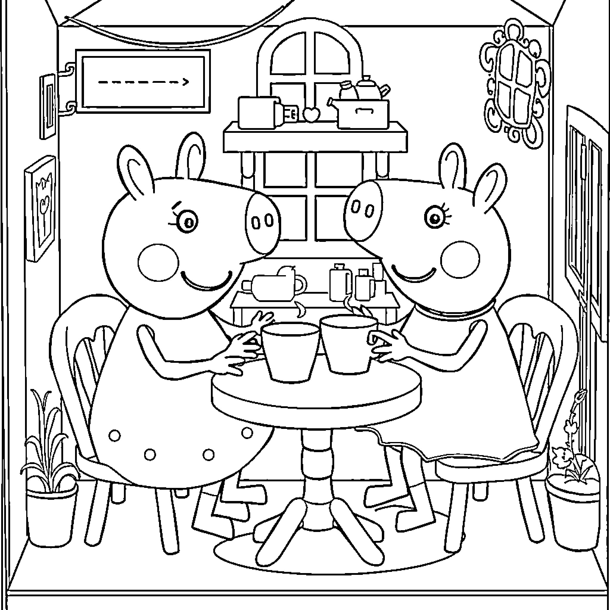 Dollhouse scene with playful bunnies having a tea party Coloring Page (free black-and-white line drawing printable PDF for all, from beginners to advanced learners, including children, teens, adults, and seniors)