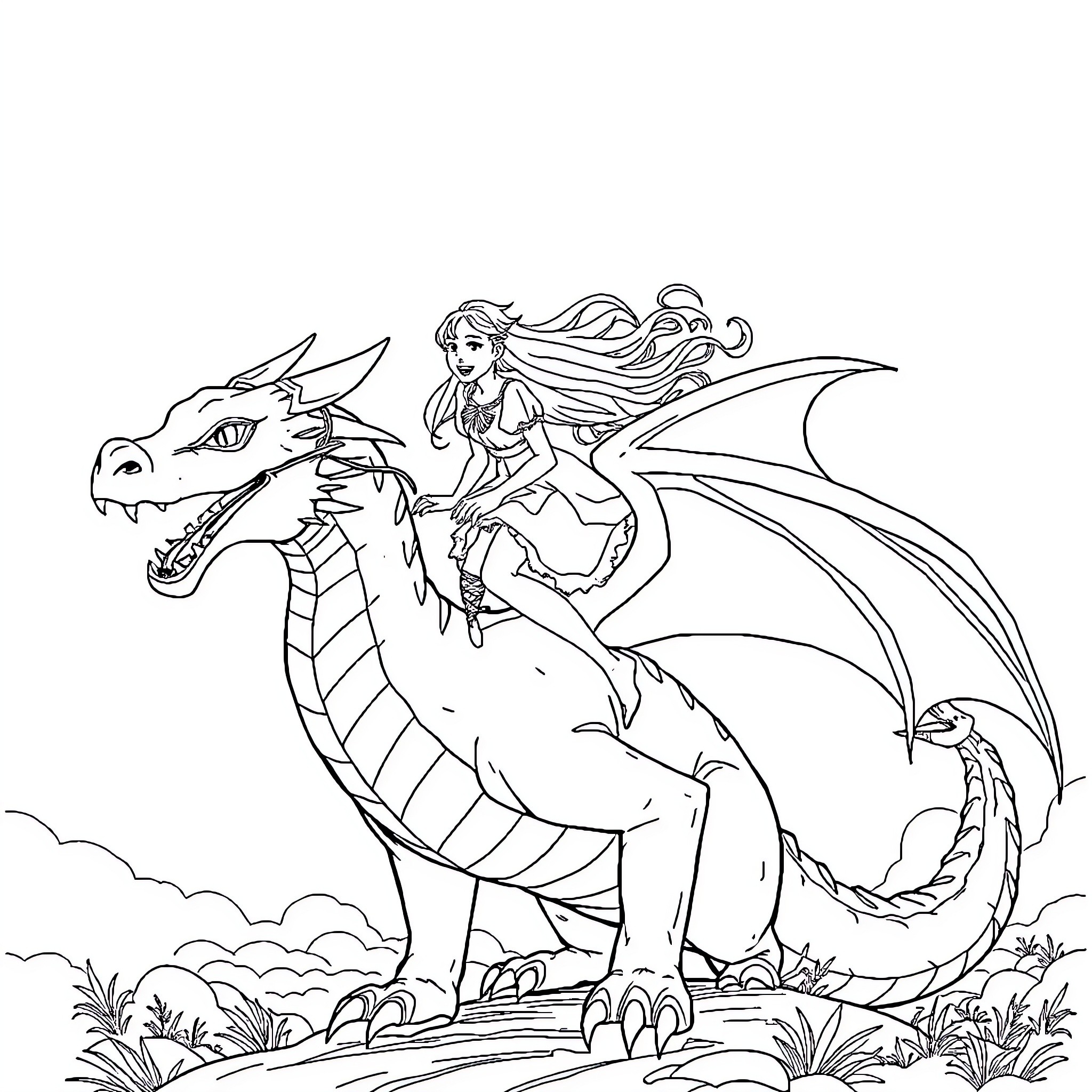 Girl riding a fantasy dragon in the clouds Coloring Page (free black-and-white line drawing printable PDF for all, from beginners to advanced learners, including children, teens, adults, and seniors)