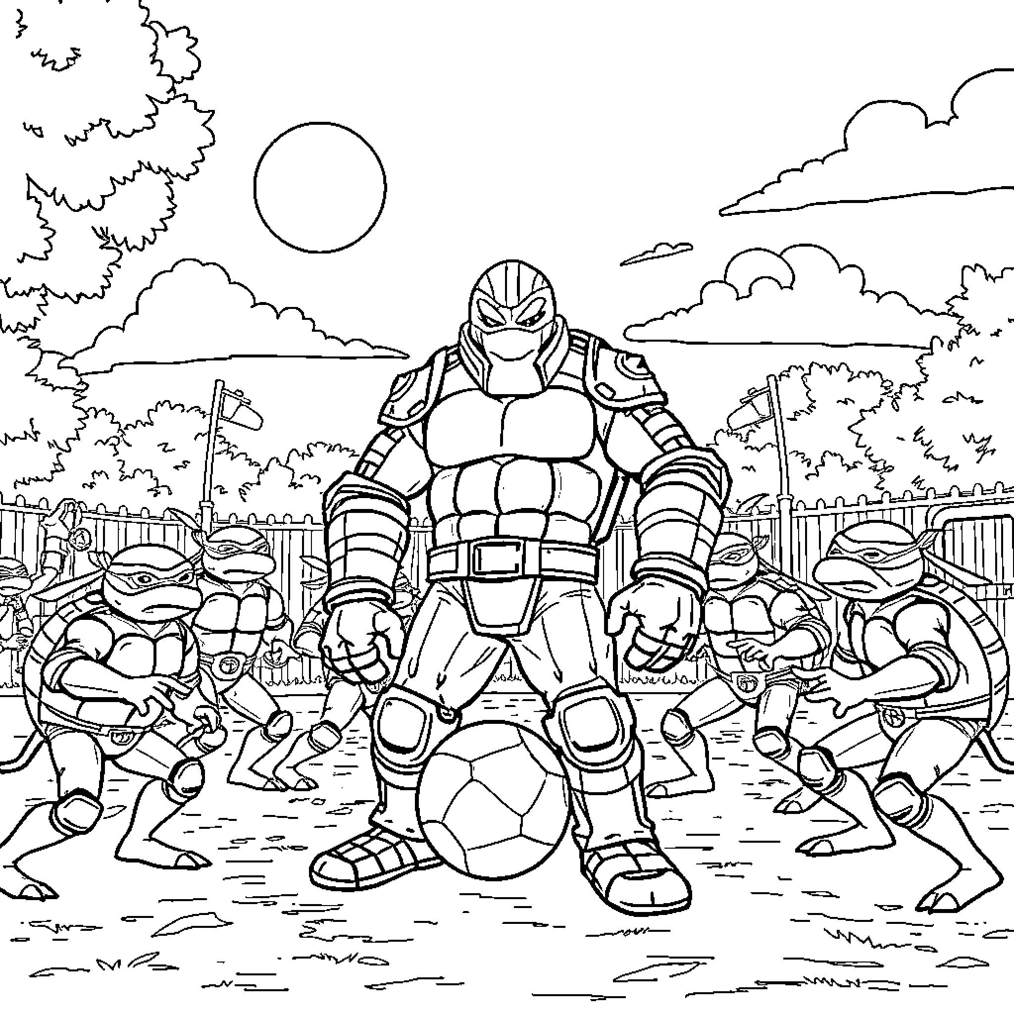 Master Shredder leading a group of armed warriors in battle Coloring Page (free black-and-white line drawing printable PDF for all, from beginners to advanced learners, including children, teens, adults, and seniors)