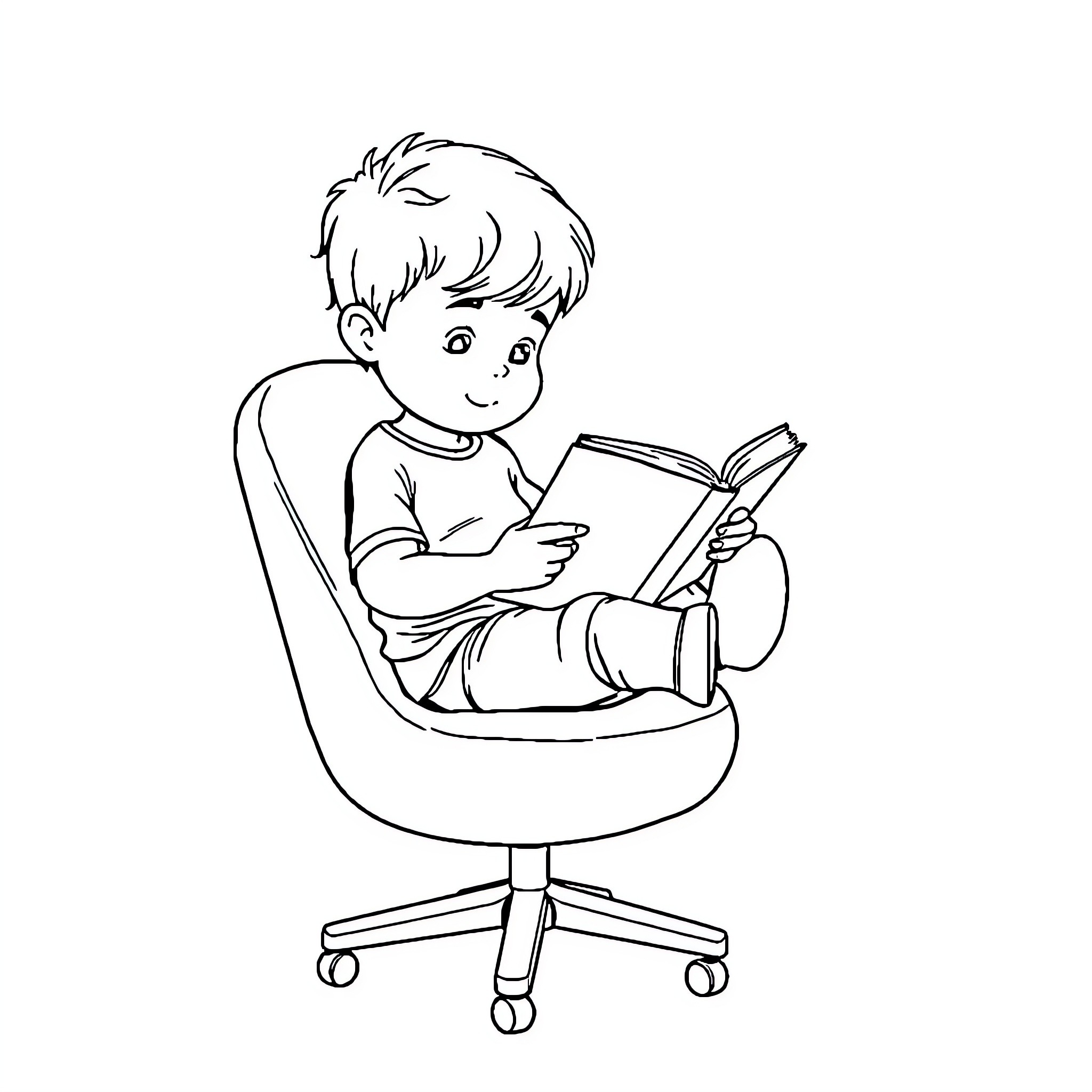 Child reading book in chair Coloring Page (free black-and-white line drawing printable PDF for all, from beginners to advanced learners, including children, teens, adults, and seniors)