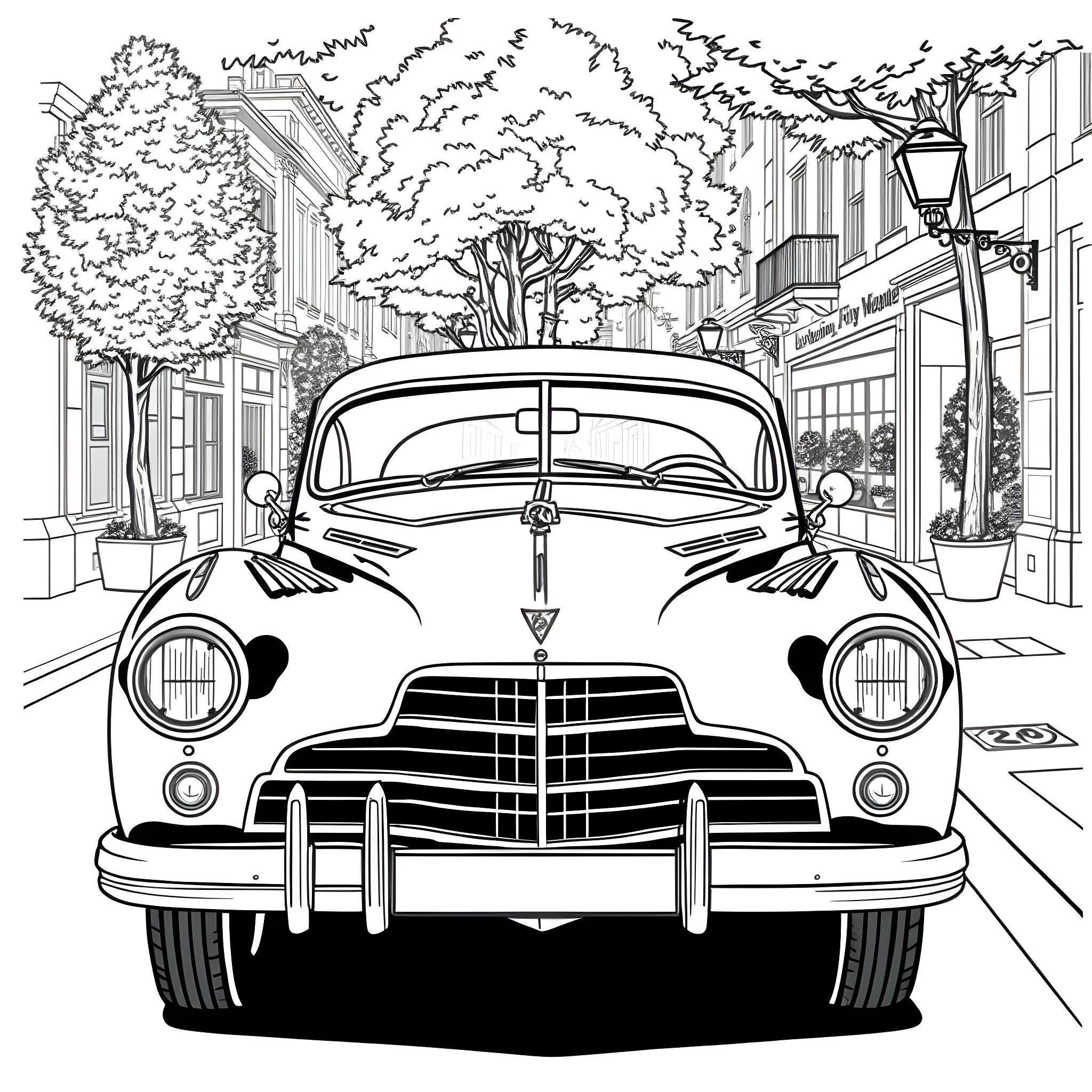 Car parked on a city street Coloring Page (free black-and-white line drawing printable PDF for all, from beginners to advanced learners, including children, teens, adults, and seniors)