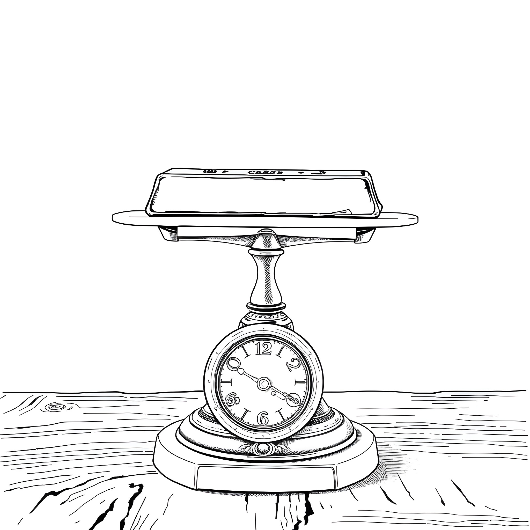 Copper Antique Scale with Mechanical Clock Coloring Page (free black-and-white line drawing printable PDF for all, from beginners to advanced learners, including children, teens, adults, and seniors)