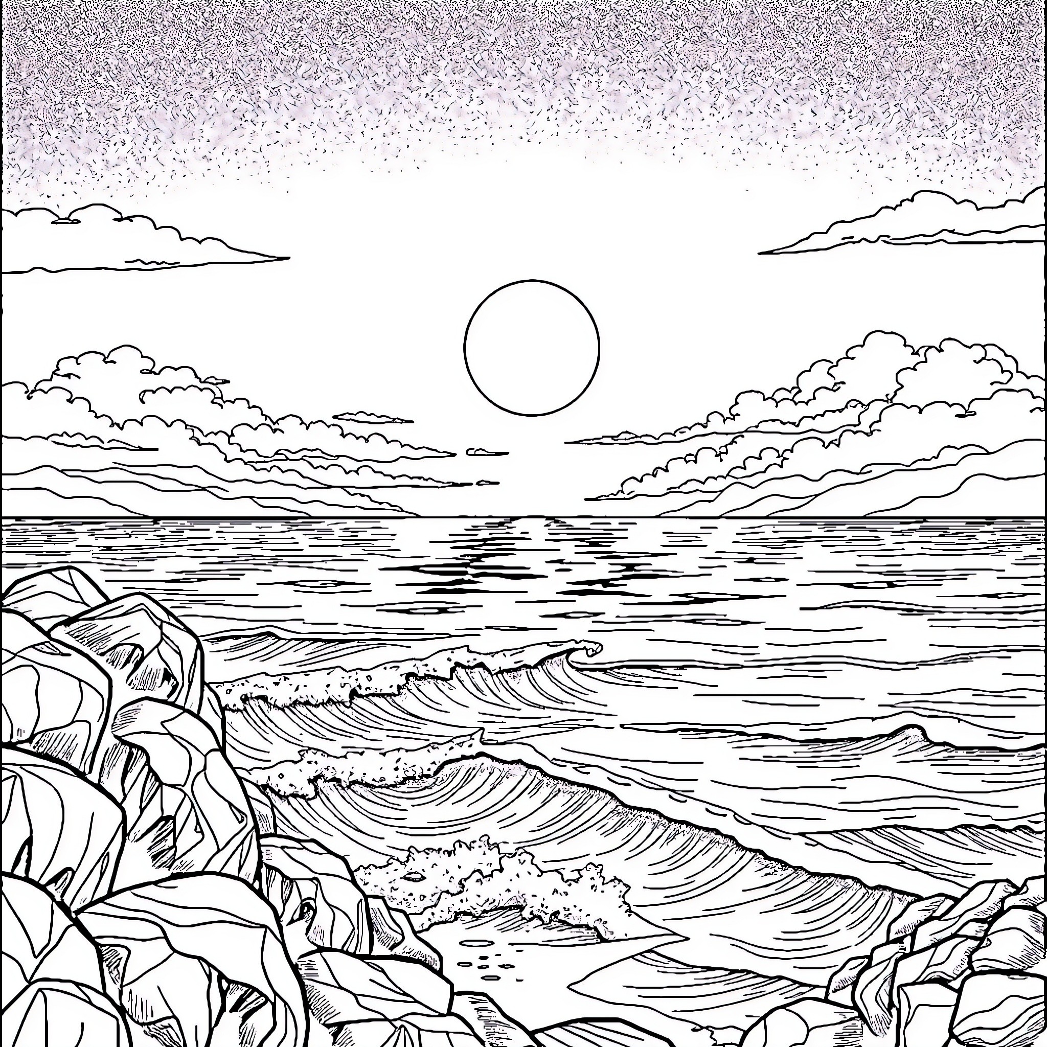 Ocean sunset with dramatic waves and clouds Coloring Page (free black-and-white line drawing printable PDF for all, from beginners to advanced learners, including children, teens, adults, and seniors)