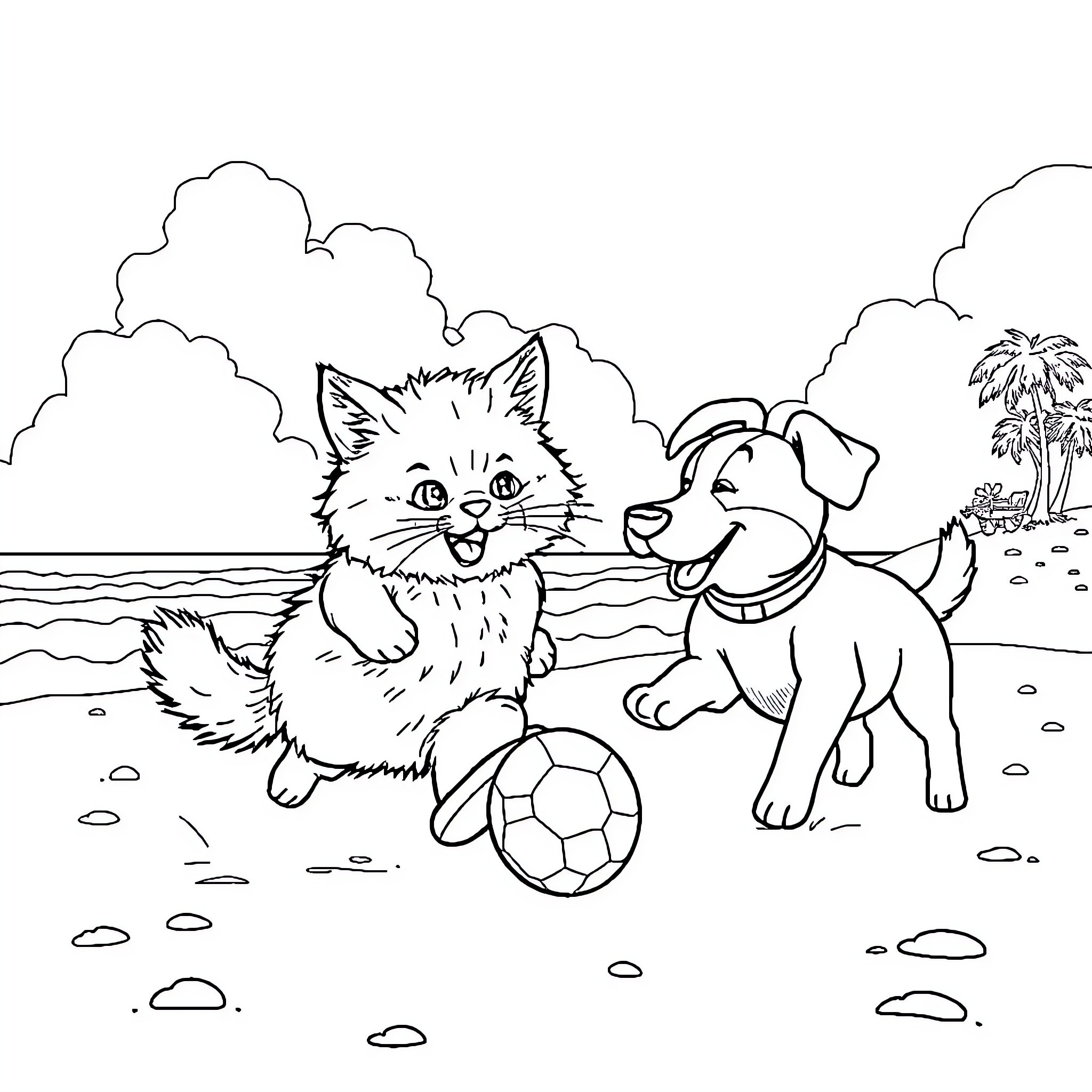 Cat and dog playing with soccer ball on the beach Coloring Page (free black-and-white line drawing printable PDF for all, from beginners to advanced learners, including children, teens, adults, and seniors)