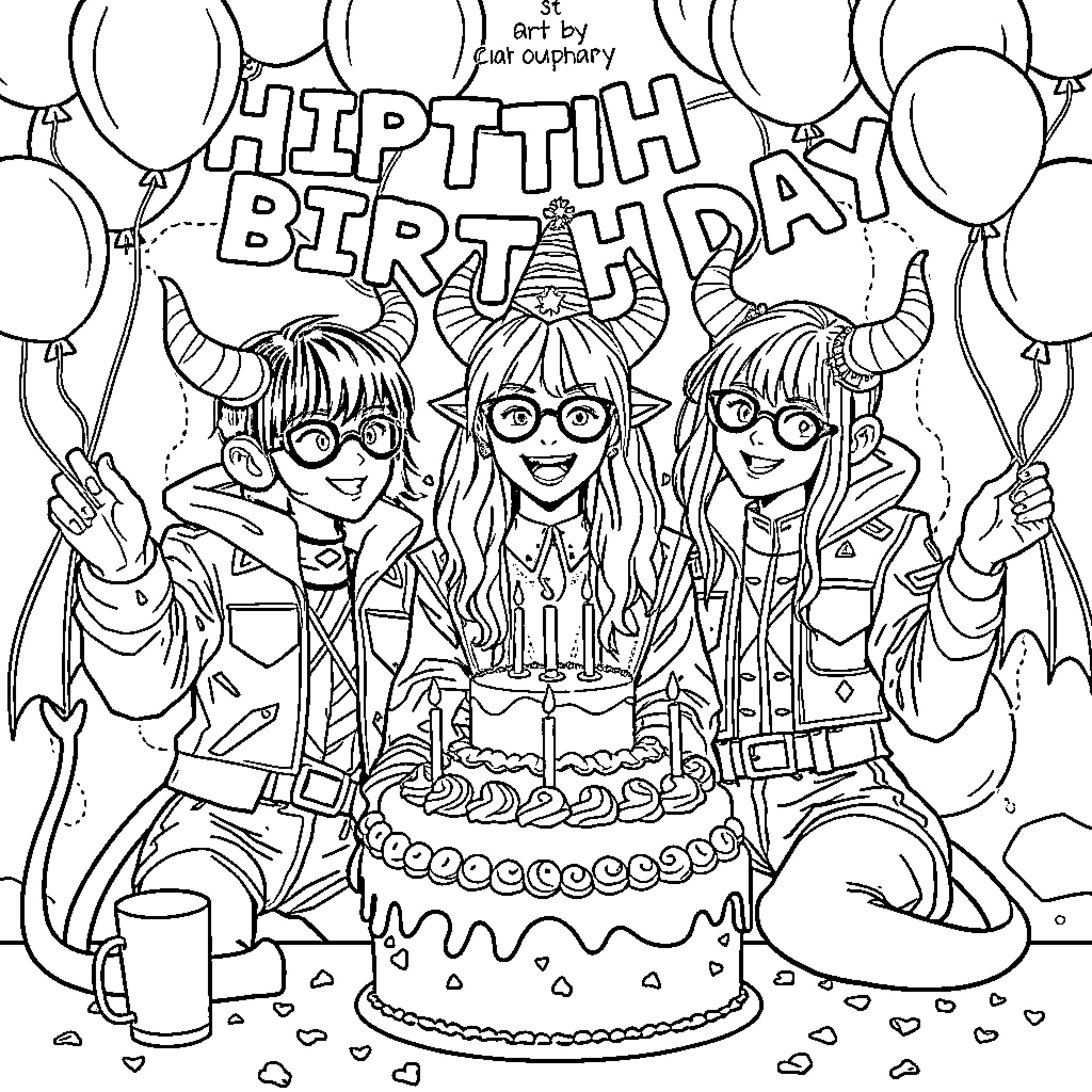 K-POP Demon Hunter Trio Celebrate Birthday Joyfully Coloring Page (free black-and-white line drawing printable PDF for all, from beginners to advanced learners, including children, teens, adults, and seniors)
