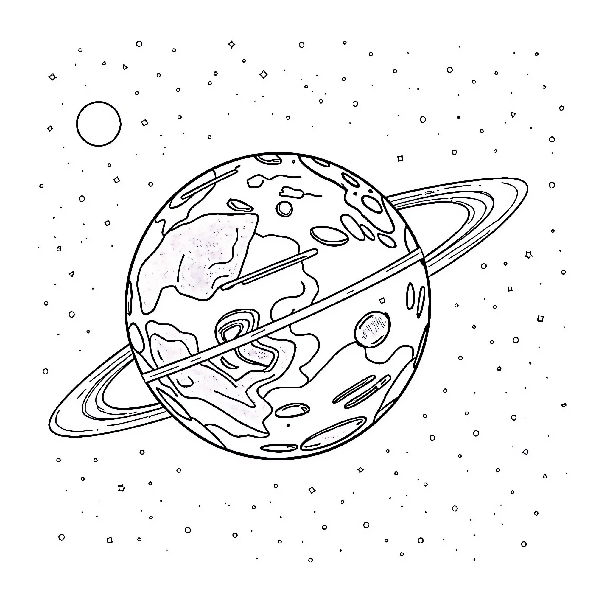 Planet with craters in the starry sky Coloring Page (free black-and-white line drawing printable PDF for all, from beginners to advanced learners, including children, teens, adults, and seniors)