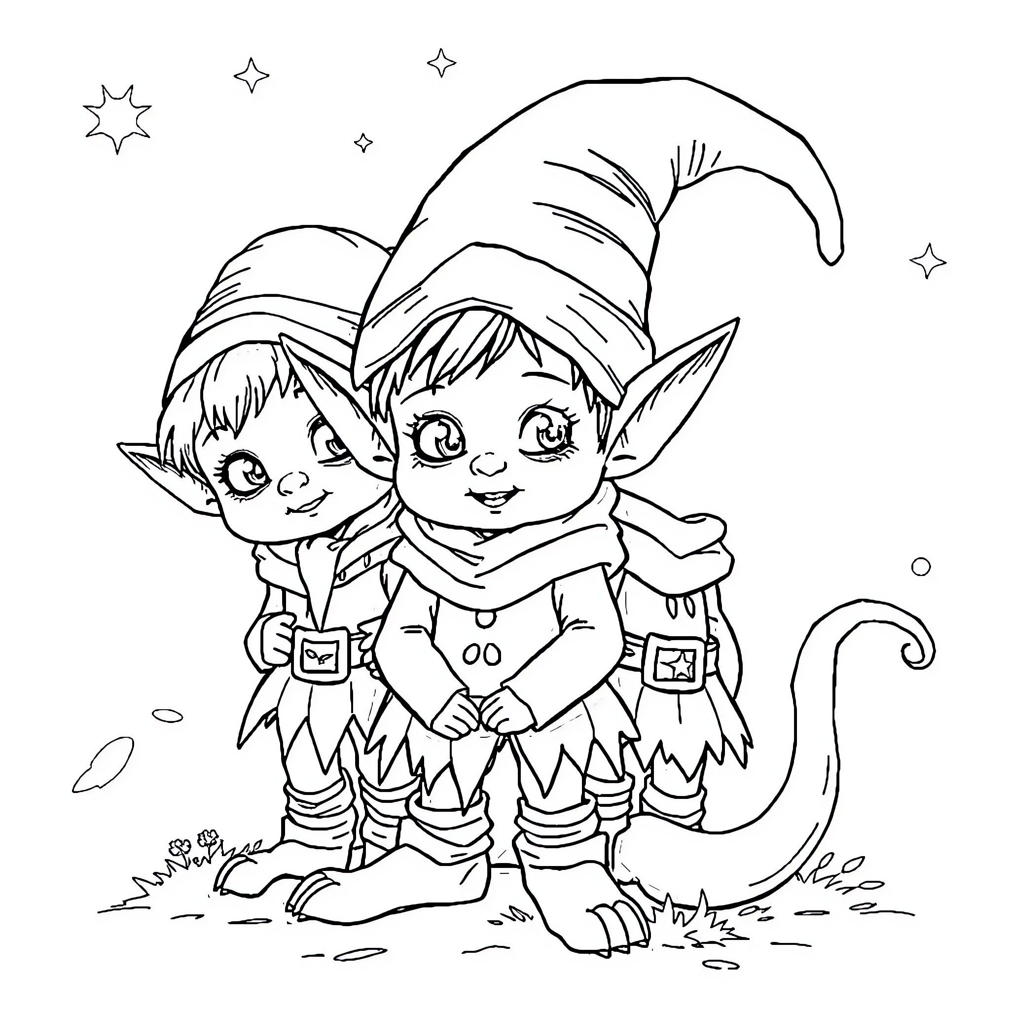 Elfkin helpers enjoying winter wonderland Coloring Page (free black-and-white line drawing printable PDF for all, from beginners to advanced learners, including children, teens, adults, and seniors)