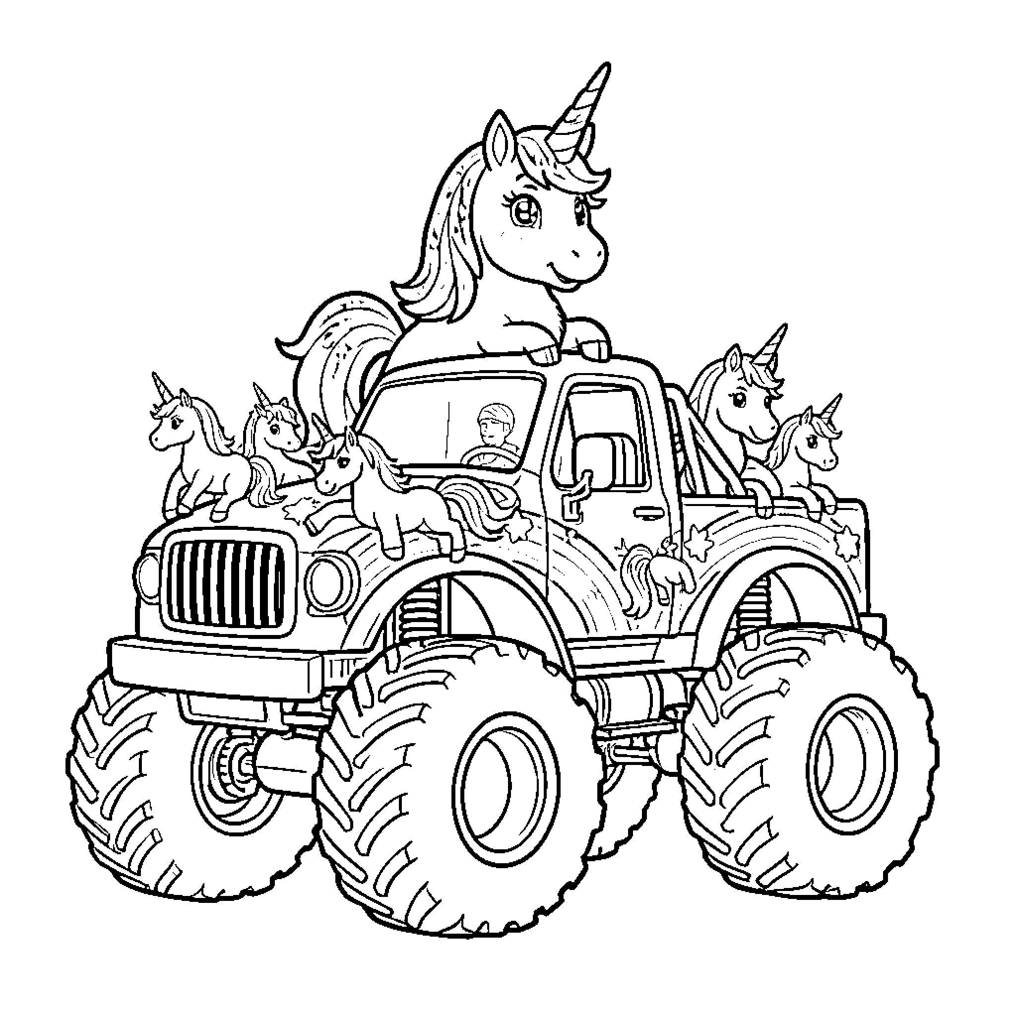 Unicorn riding on a monster truck with cute animals Coloring Page (free black-and-white line drawing printable PDF for all, from beginners to advanced learners, including children, teens, adults, and seniors)