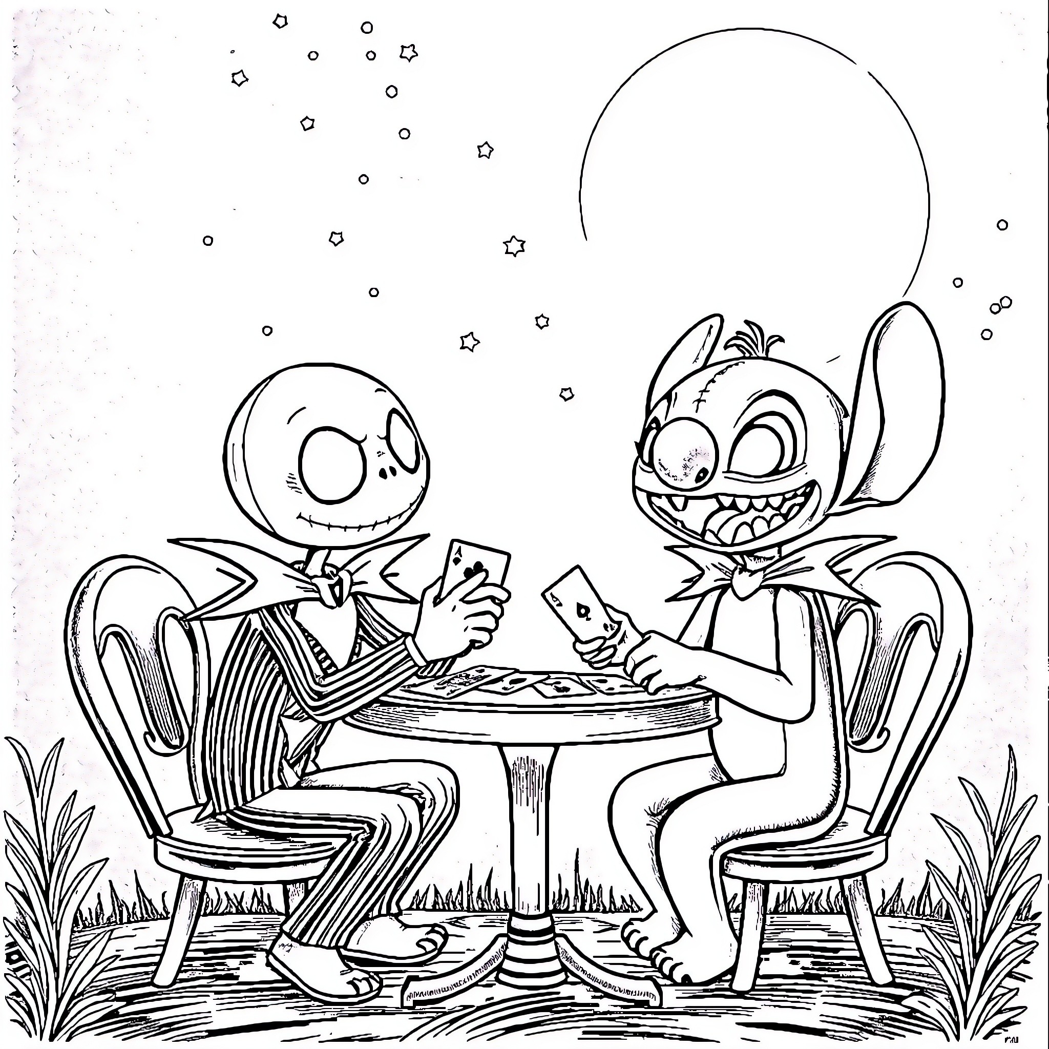 Jack Skellington playing cards with Stitch under the moon Coloring Page (free black-and-white line drawing printable PDF for all, from beginners to advanced learners, including children, teens, adults, and seniors)