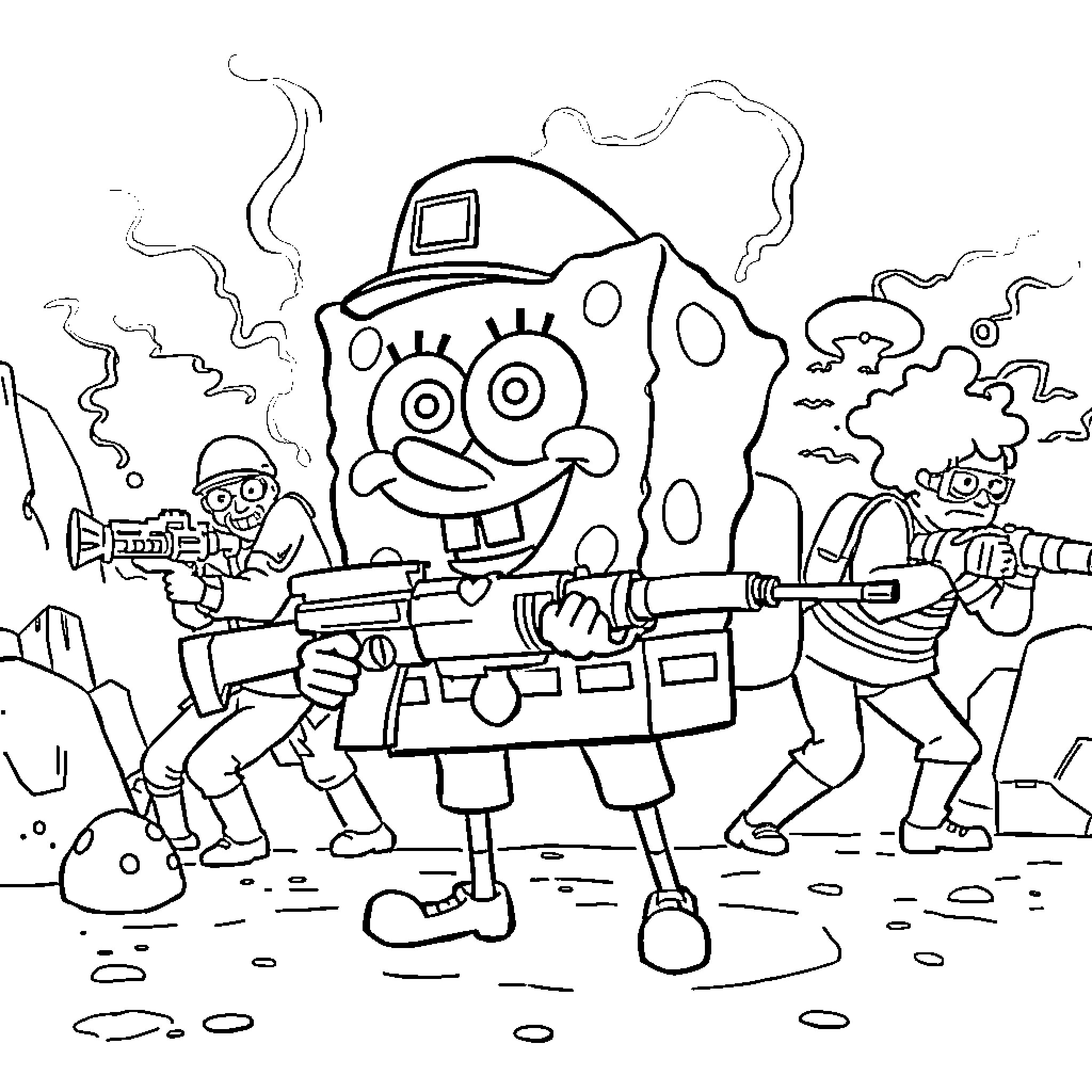 Spongebob and friends holding weapons in a battle scene Coloring Page (free black-and-white line drawing printable PDF for all, from beginners to advanced learners, including children, teens, adults, and seniors)