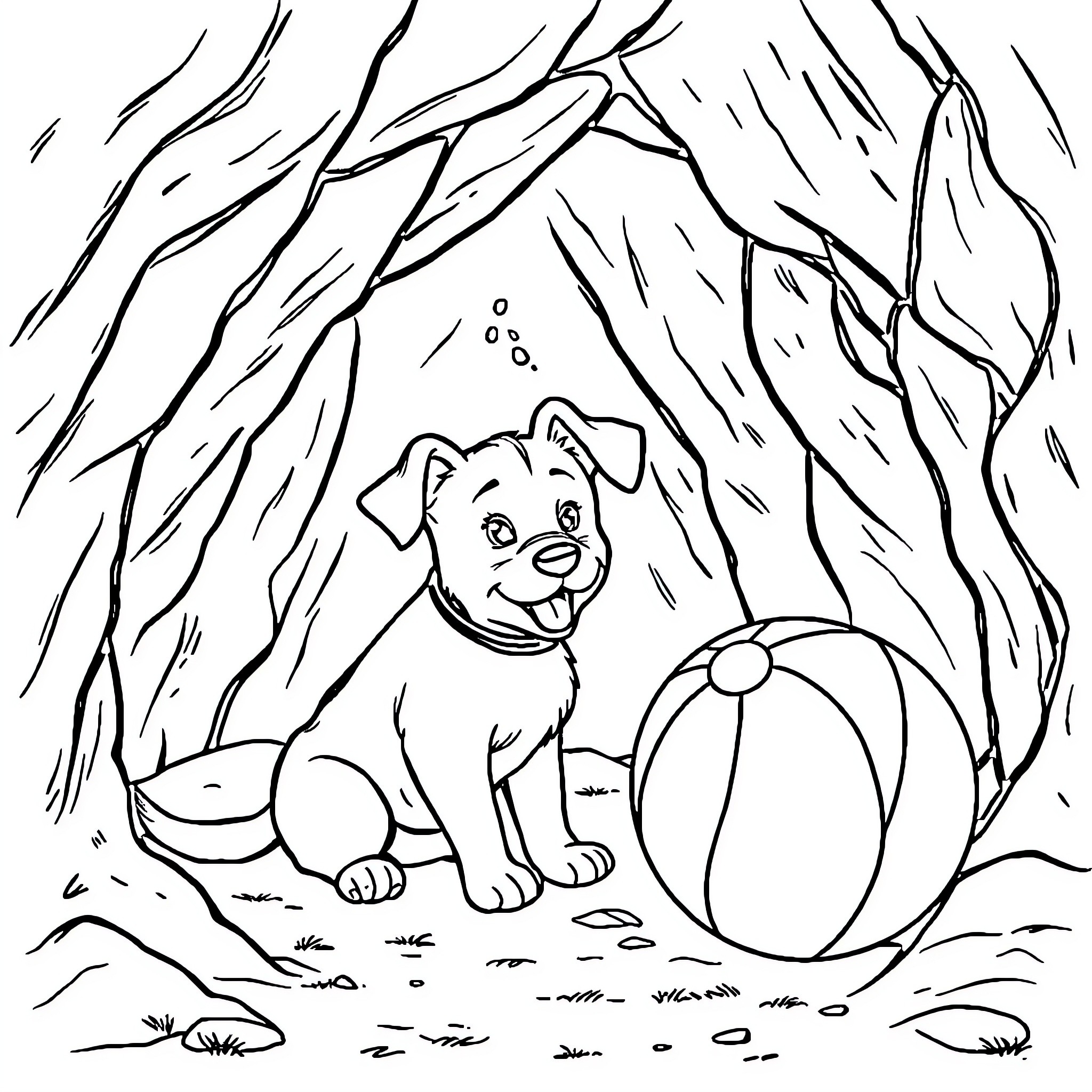 Dog playing with ball in the forest Coloring Page (free black-and-white line drawing printable PDF for all, from beginners to advanced learners, including children, teens, adults, and seniors)