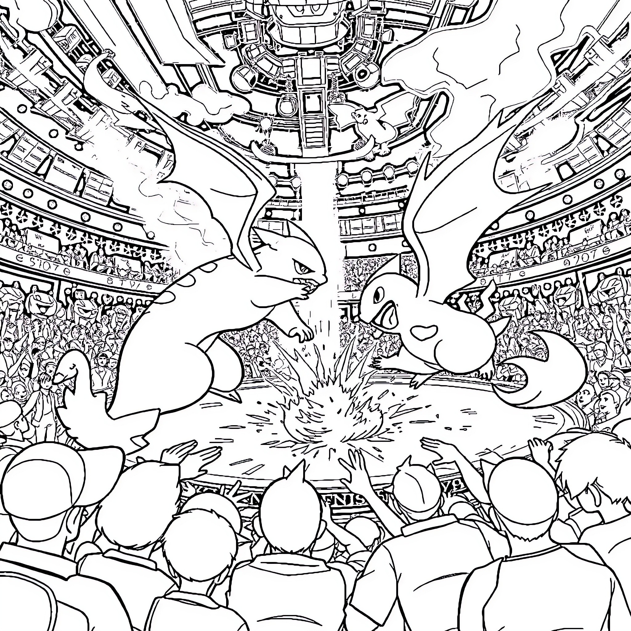 Pokémon Battle Showdown in Stadium Coloring Page (free black-and-white line drawing printable PDF for all, from beginners to advanced learners, including children, teens, adults, and seniors)