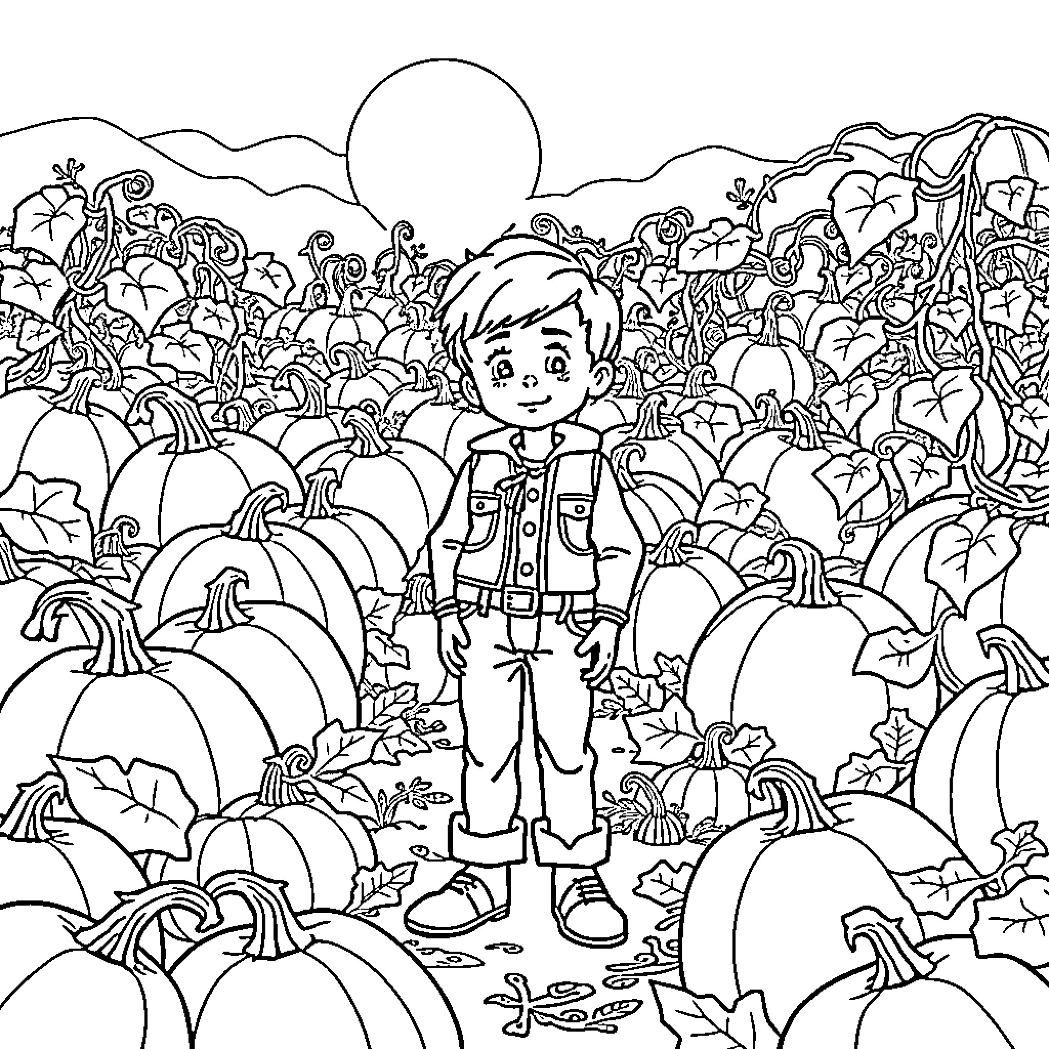 Jack's Pumpkin Patch Adventure Coloring Page (free black-and-white line drawing printable PDF for all, from beginners to advanced learners, including children, teens, adults, and seniors)