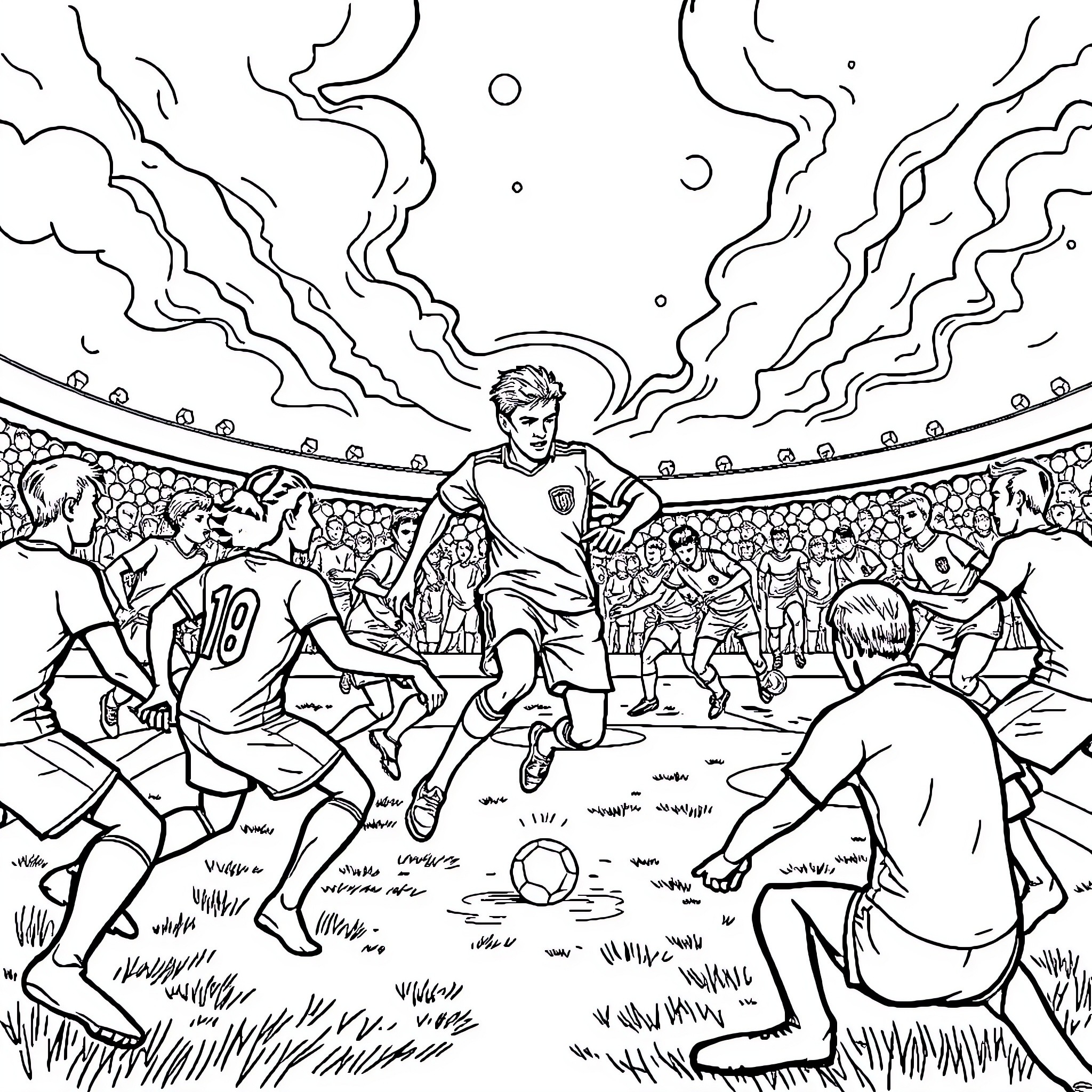 Football players in intense competition on the field Coloring Page (free black-and-white line drawing printable PDF for all, from beginners to advanced learners, including children, teens, adults, and seniors)