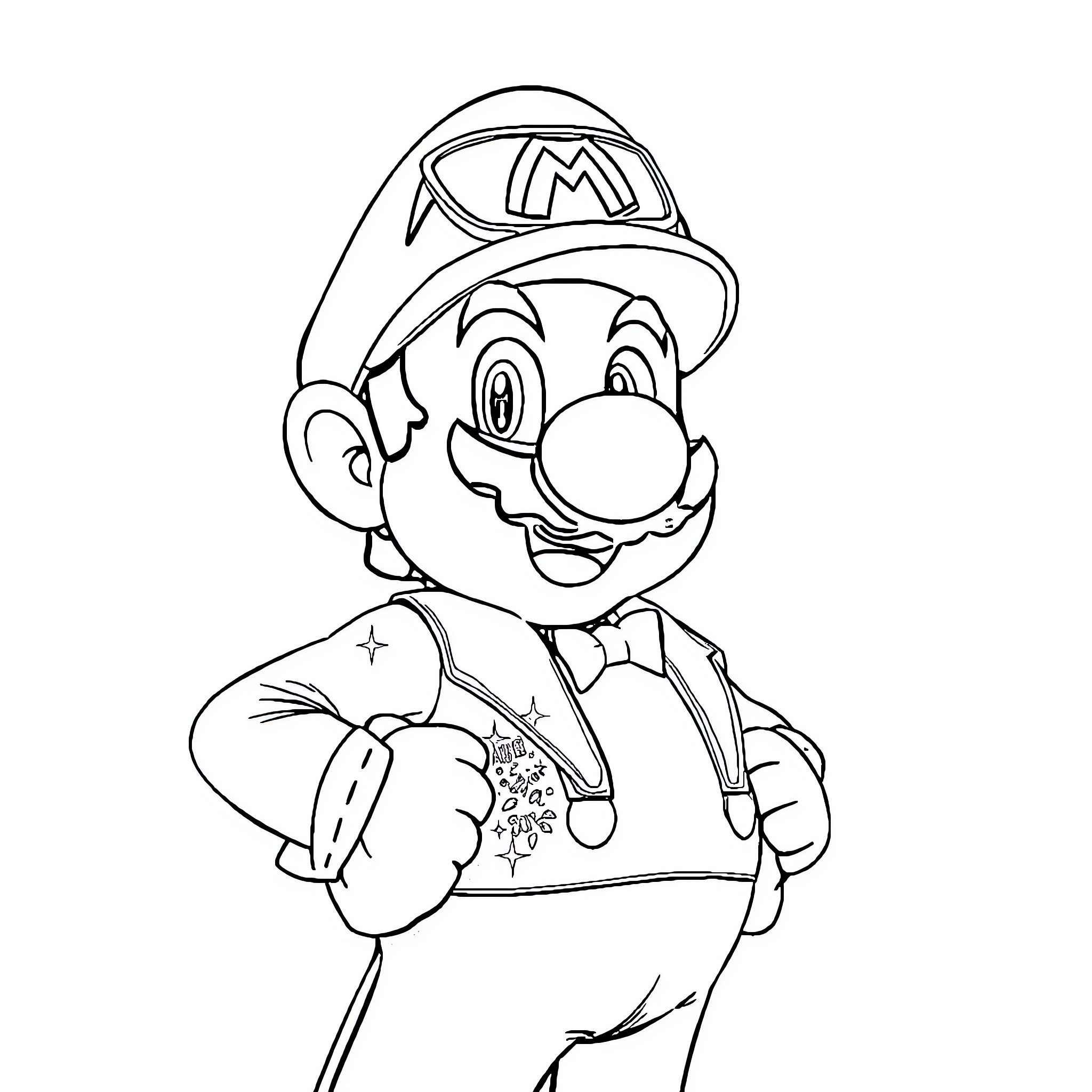 Mario Waving Cheerfully in Signature Outfit Coloring Page (free black-and-white line drawing printable PDF for all, from beginners to advanced learners, including children, teens, adults, and seniors)