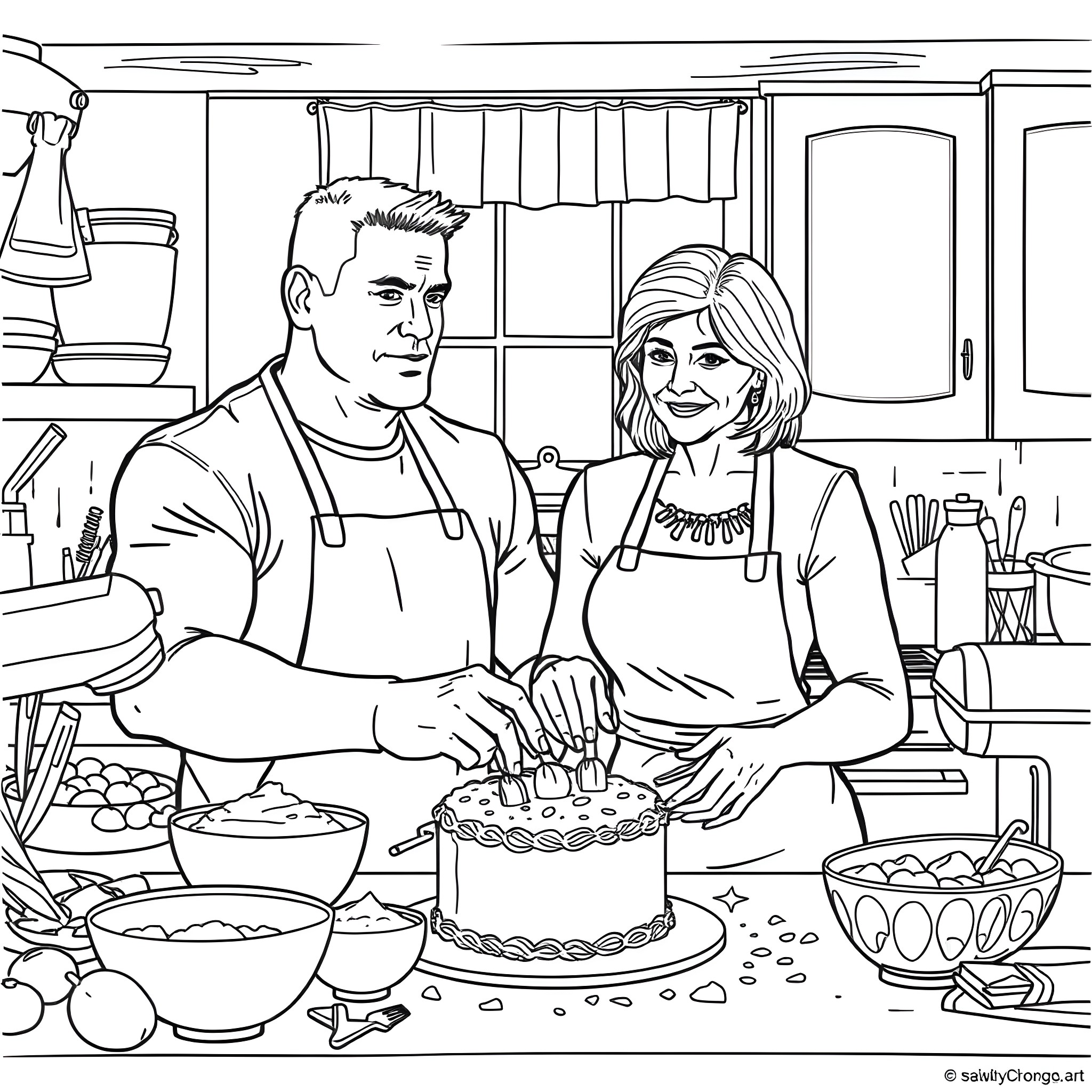 John Cena and spouse baking a cake together in the kitchen Coloring Page (free black-and-white line drawing printable PDF for all, from beginners to advanced learners, including children, teens, adults, and seniors)
