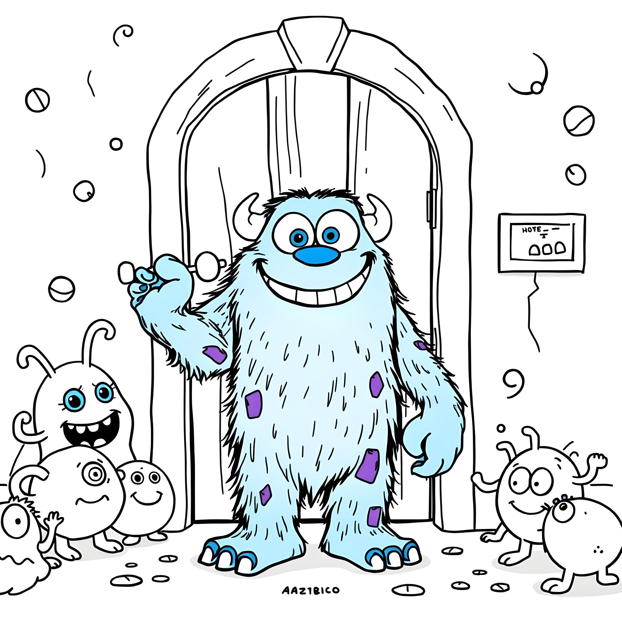 Sulley laughing with little monsters in the room Coloring Page (free black-and-white line drawing printable PDF for all, from beginners to advanced learners, including children, teens, adults, and seniors)